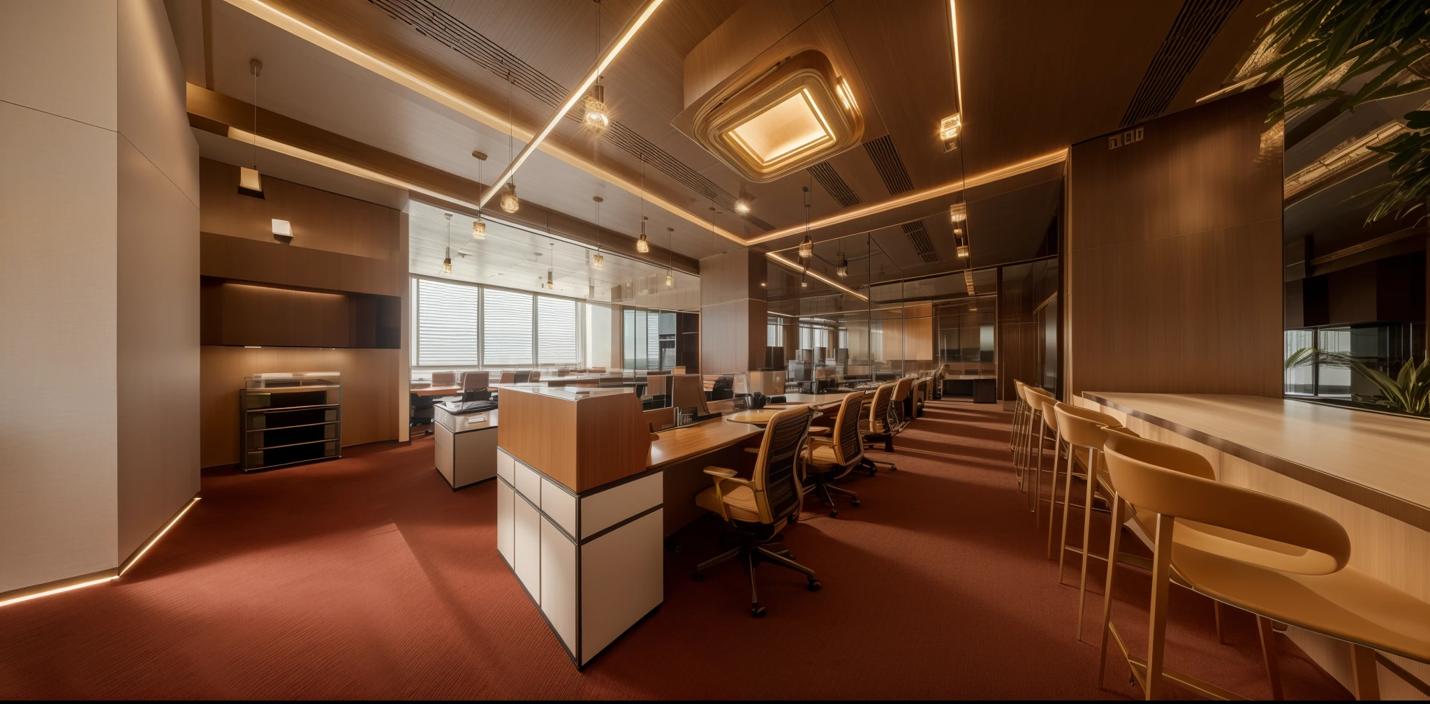 interior office ,((carpeted floor)) , modern style , Bright colors , natural light , masterpiece , best quality, ((Office)), office, indoors, window, chair, table, scenery, ceiling, , floor, glass wall, monitor, keyboard, book, flower,dramatic lighting, panel, sofa, screen, lamp, vent,