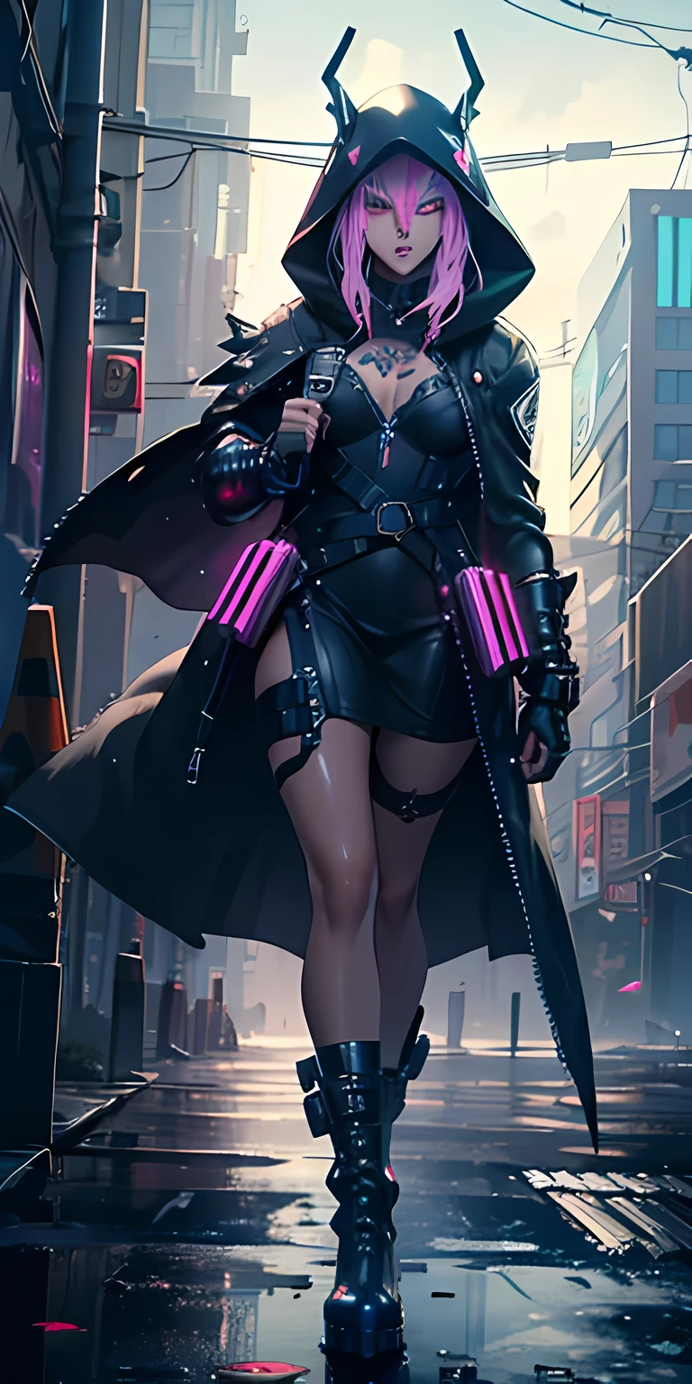 (best quality,4k,8k,highres,masterpiece:1.2),ultra-detailed,(realistic,photorealistic,photo-realistic:1.37),sexy, thin, very skinny, , cute, goth, cyberpunk, kunoichi, illustration, dark and mysterious, vivid colors, neon lights, edgy, futuristic, night scene, steampunk elements, loose white leather cloak, butterfly wing cloak, leather platform boots with metal studs, shiny metallic arm gauntlets, elaborate tattoos, black painted nails, pink glowing neon, high fashion, highly ornate designed clothing, extreme luxury white hooded cloak with glowing patterns, white clothing, bright glowing cybernetic eyes, glistening crystal eyes, pale glowing skin with dark makeup, tattooed. beautiful detailed eyes, beautiful detailed neon lips, long eyelashes, dark and sleek hairstyle, holding a futuristic kunai, striking dynamic pose, perched on ledge, shimmering smoke effects surrounding her, cityscape in the background with towering skyscrapers, hovering drones in the sky, rain-soaked streets with reflections of neon lights, moonlight casting an eerie glow, atmospheric mist, cool blue and purple color palette, subtle warm highlights to create depth and contrast.