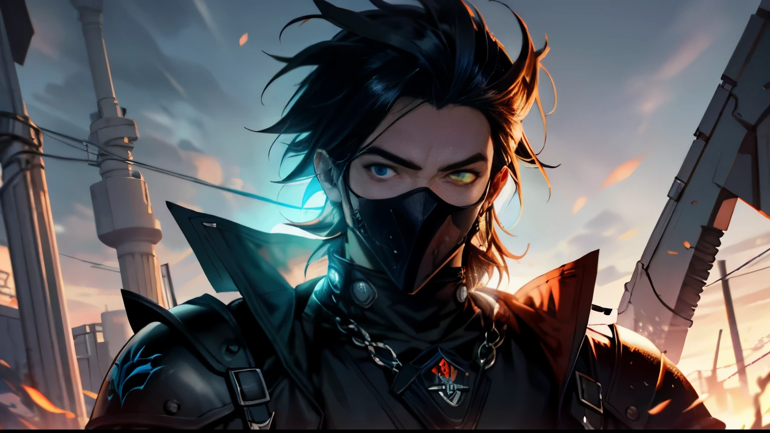 ultra detalhe, high resolution, ultra detalheed, melhor qualidade, incredible, maximum quality, papel de parede extremamente detalhado da unidade CG 8k, Cinematic lighting, Ciberpunk, garoto moreno, goku gang mask, olhos azuis brilhantes, cabelo preto, olho azul colorido