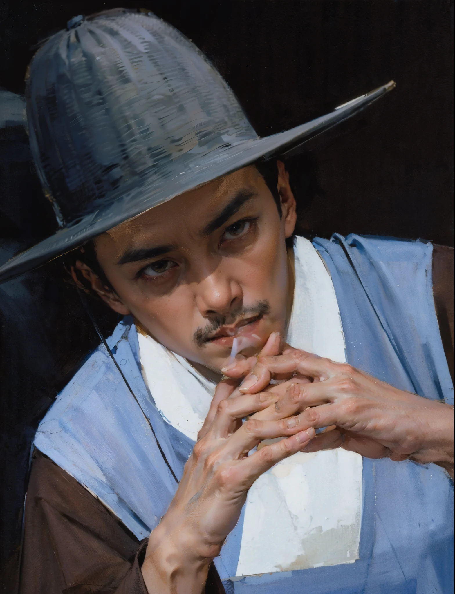 best quality,masterpiece,(painting:1.5),An ancient man from the Ming Dynasty of China,man wearing blue hanfu,fierce的眼神,Stare hard to death,Staring at middle-aged men,Asian,a pair of men's hands,a pair of rough hands,A man's palm,General,sharp eyes eyes and,husband wearing blue clothes,wearing a hat,sit on bench, Inspired by Shin Saimdang, traditional clothing, traditional clothing, Hanbok, noble clothing, korean Hanbok, aristocratic appearance, Korean male, Wear period-appropriate clothing, classical robe, precise, Wearing noble robes, Wearing ancient Chinese clothing,Dark brown wide-sleeved Hanfu,firm eyes,fierce,Handsome man,young man,(a detailed painting:0.353),(文艺复兴古典painting风格:0.8)