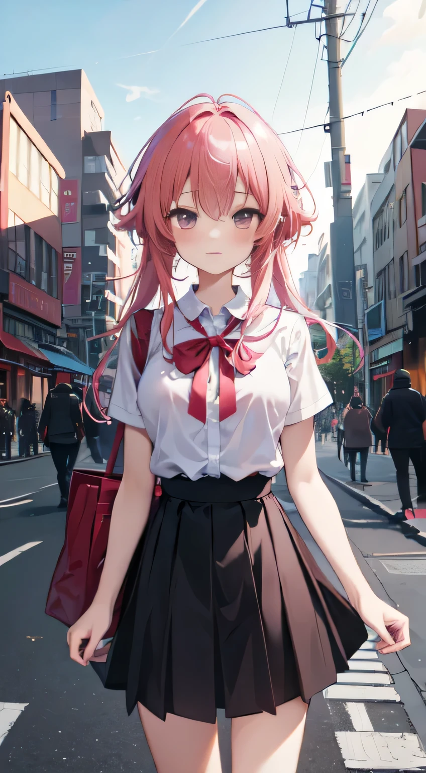 masterpiece, best quality, highres, absurdsurreal, 1girl, crowd, skirt, pink hair, Gasai Yuno, from below, revealing clothes, skin mimicking textures, outdoors, sunlight gleaming, streetscape, intensely focused on viewer, blushing crimson.
