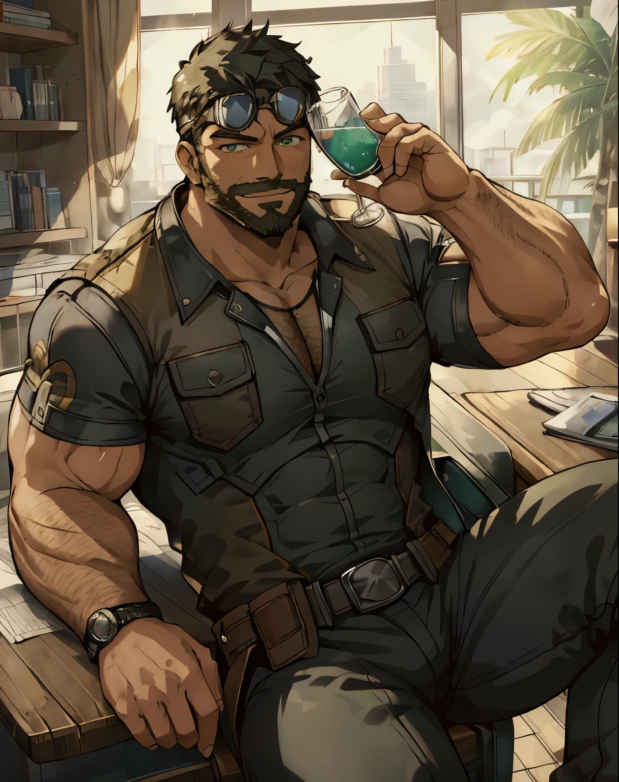 Masterpiece, Best Quality, Ultra-Detailed, 1man, 30 years old, stud, hunk, bara, muscular, jock, huge muscles, black hair, black beard, ((full beard:1.0)), black mustache, green eyes, steampunk googles on head, hawaiian shirt, (((short sleeve shirt:1.0))), open shirt, hairy chest, hairy torso, hairy abdomen, looking at the viewer, happy expression, sitting, holding a drink