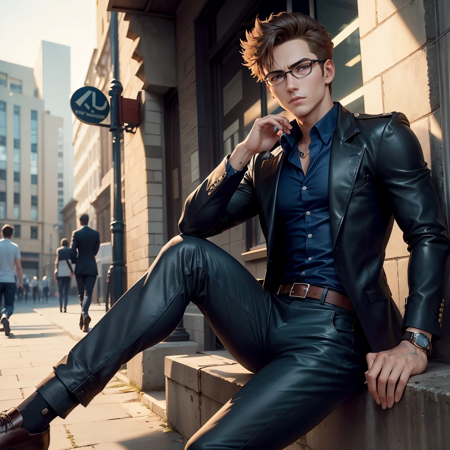 Alex Rider is a young and dashing British spy, around , with messy brown hair and piercing blue eyes. In his everyday wear, he dons a simple yet stylish outfit, often consisting of a white collared shirt, navy blue trousers, and a pair of brown leather shoes. His look is accessorized with a leather belt, a silver watch, and a pair of black-framed glasses resting on his forehead. Alex's outfit is casual yet put-together, revealing his adventurous and intelligent disposition. Despite his mundane appearance, he is always on the lookout for the next thrilling mission.