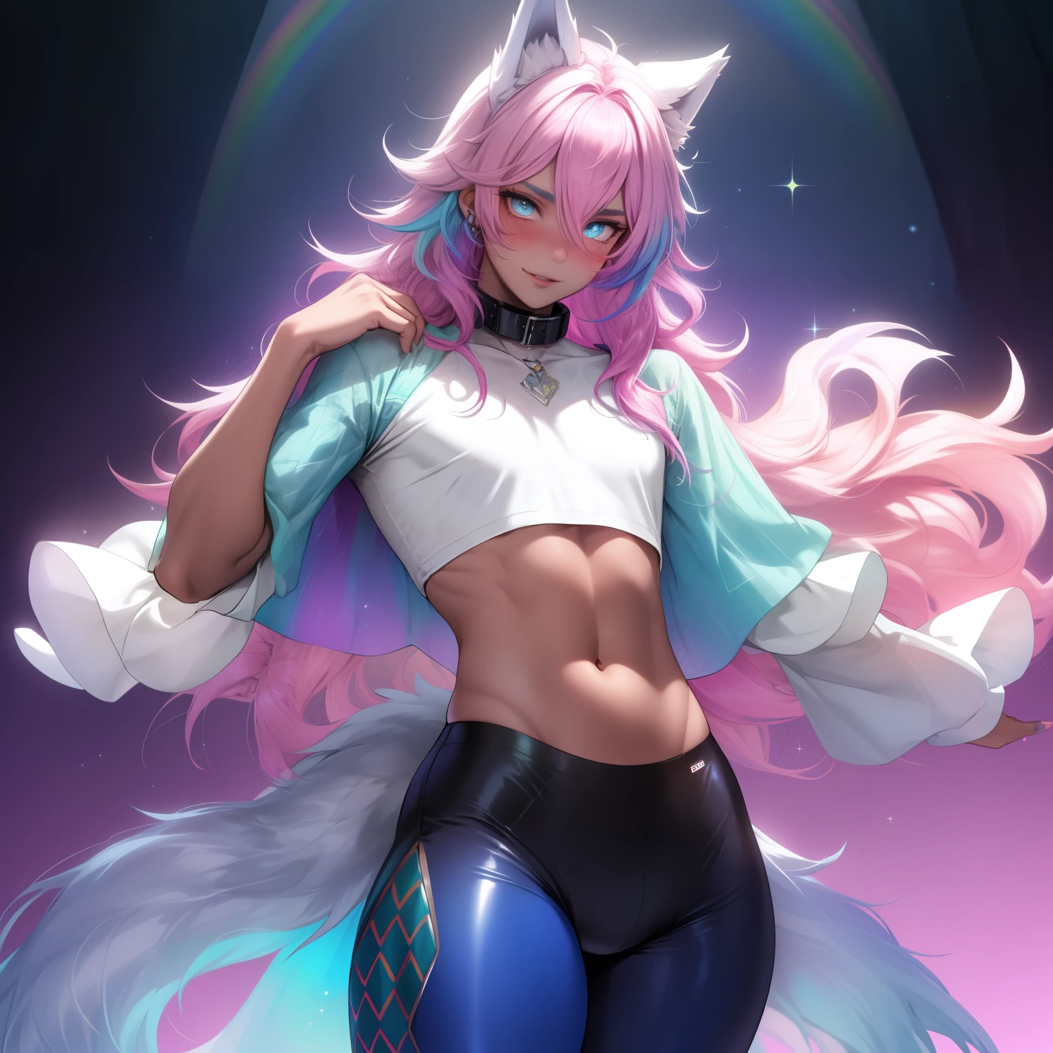 a short, skinny, young boy wearing a peacock inspired outfit, glowing blue eyes, wearing cropped t-shirt, flat chested, flat chest (SUPER FLAT CHEST) has wolf ears and a wolf tail, wide hips, pink lips, thick thighs, has long wavy rainbow gradient colored sparkly hair, twink, happy, blushing, flustered, curvy, solo, alone, (SOLO)(ALONE), has long wavy rainbow gradient colored sparkly hair, dynamic pose, dancing pose, wearing collar, showing thighs, risque, crotch bulge