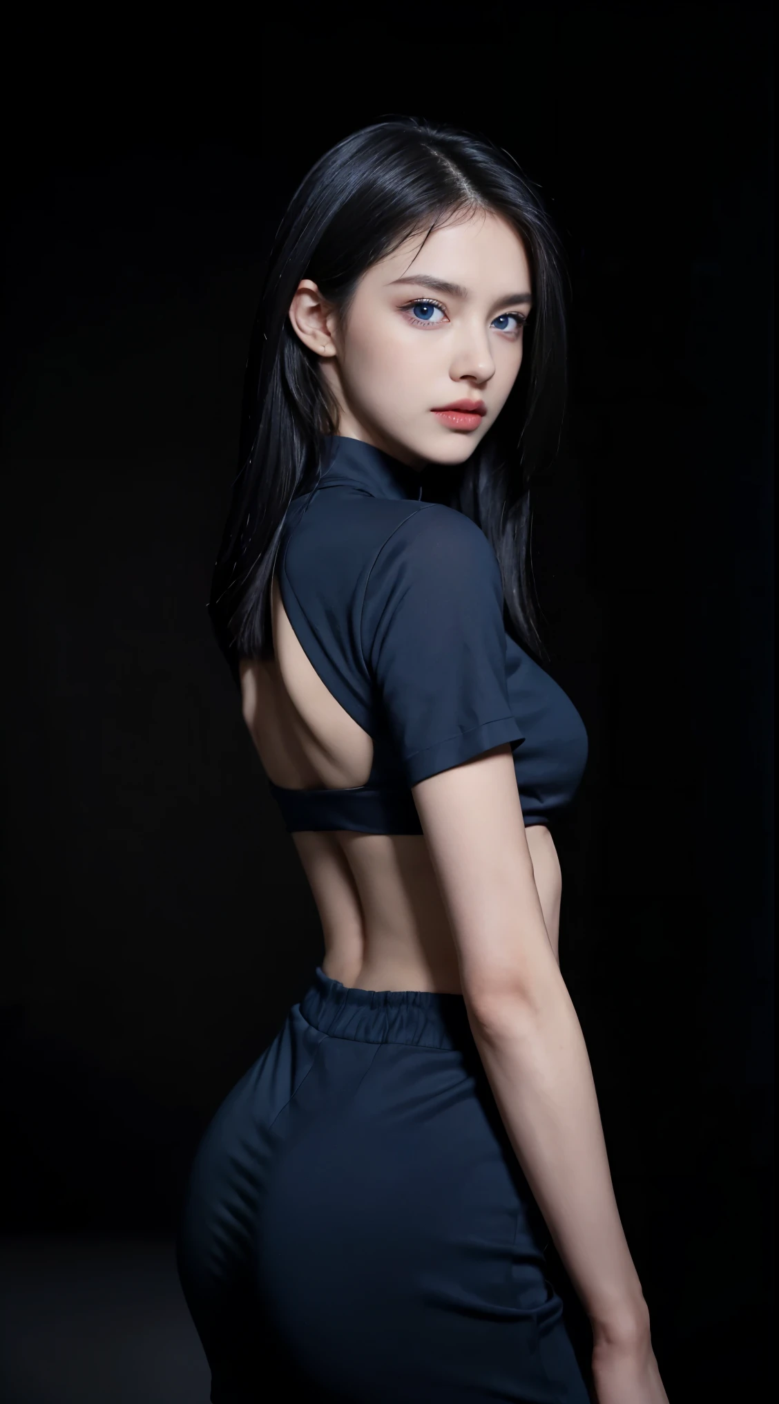 8K, Top Quality, Intricate Details, Ultra Detail, Ultra High Resolution, Masterpiece, (()), Slender, angry face, not smile, (Makeup: 0.4), (Fluffy Blue Eyes: 1.21), ((blue Eyes)), , looking at viewer, ((full body)), 1girl, solo, 1 girl, (( full body)), , , ((tall)), (((fit body))), (((slim face))), sharp face, sharp eyes, (((black hair , )) , (detailed face), sharp face, small lips,
(( )), ((casual outfit)), detailed face, detailed breast, , large breast, detail ass, , Beautiful girl with accentuated slender abs: 1.4, Six Pack Abs: 1.4, Bust Botox, Big, Perfect Body, detail leg, (( dark background)), black background,
