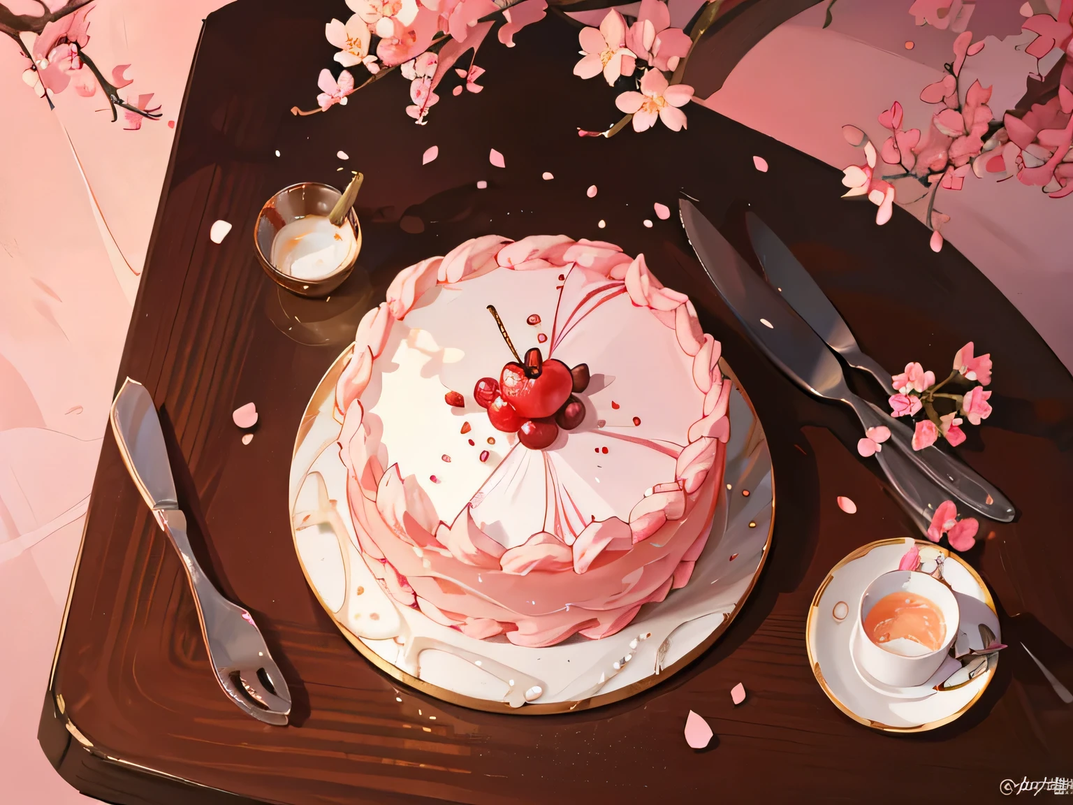 buffet、cherry blossom cake、black tea、、candy、Delicious looking meals、Laid out on the table、colorful