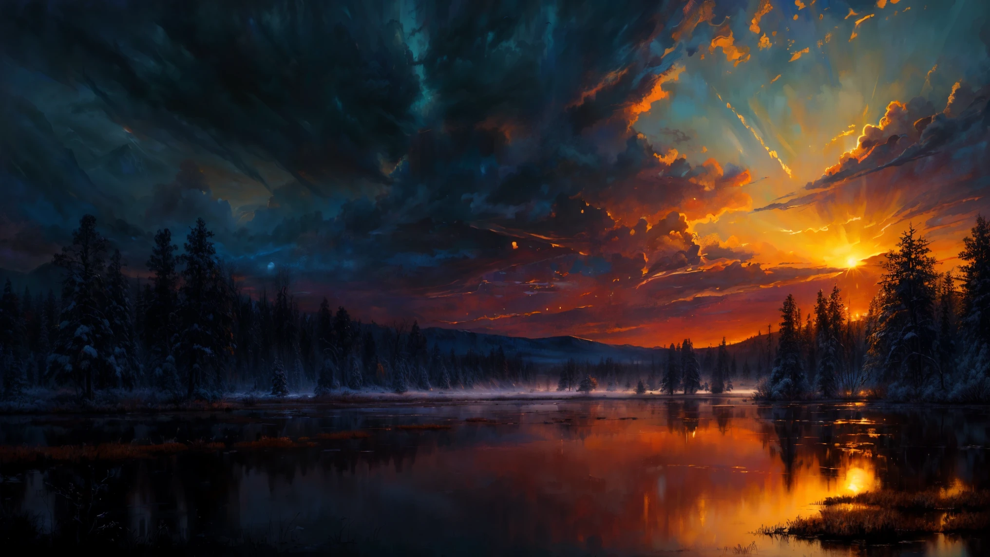 (masterpiece, best quality, high quality, highres:1.4), detailed, extremely detailed, ambient soft lighting, 4K, landscape, (dusk, setting sun, darkening sky:1.3), swamp, mire, mist, mountains in the background, crooked trees, darkness, dark fantasy, gothichorrorai