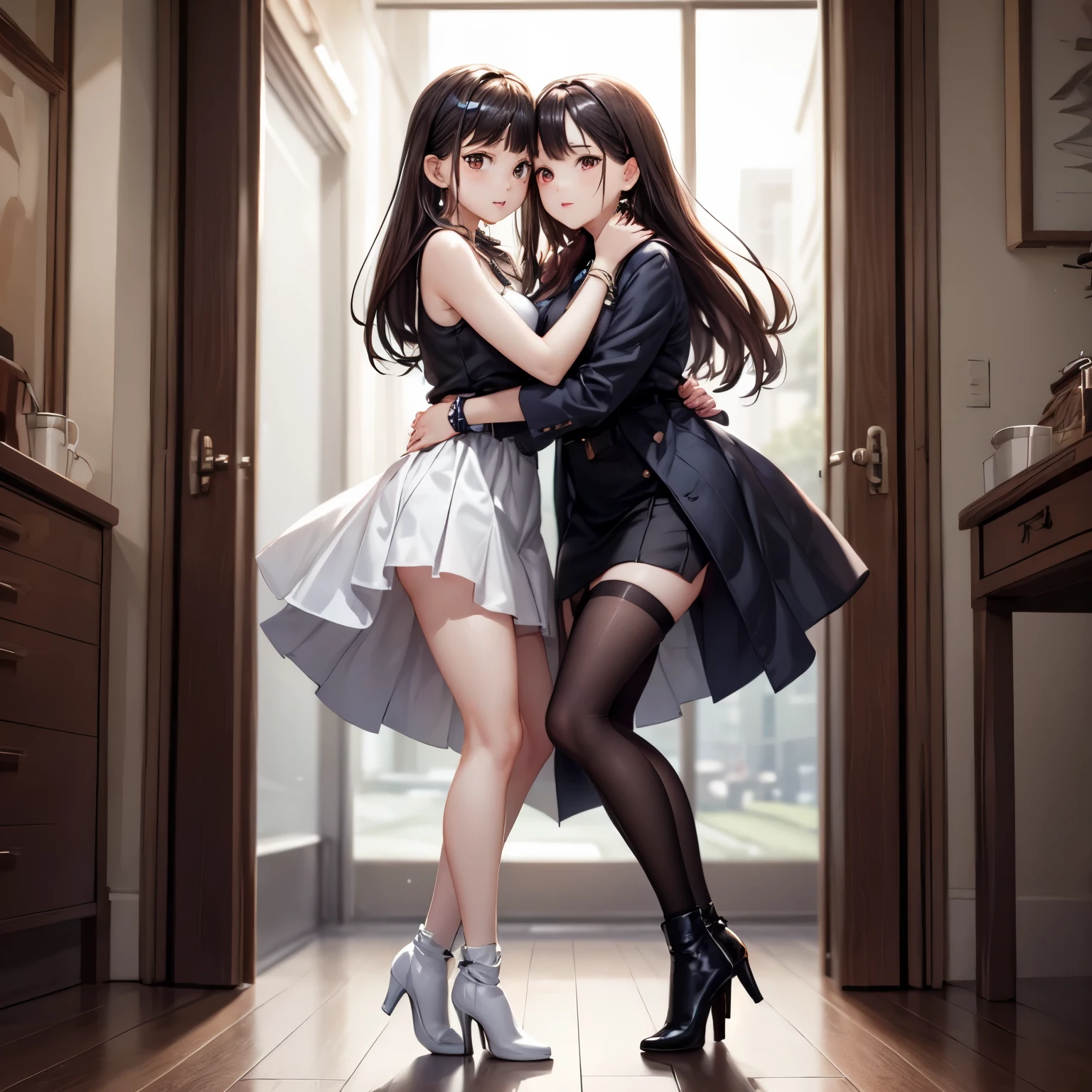 anime characters standing next to each other in a room, medium shot of two characters, two characters, stylized anime, CG game, video game screenshot>, game screenshot, closeup character, magic school uniform, game screenshot, pc screenshot, Guweiz-style art,  highly detailed characters, magical school student uniform, cutscene, realism style
