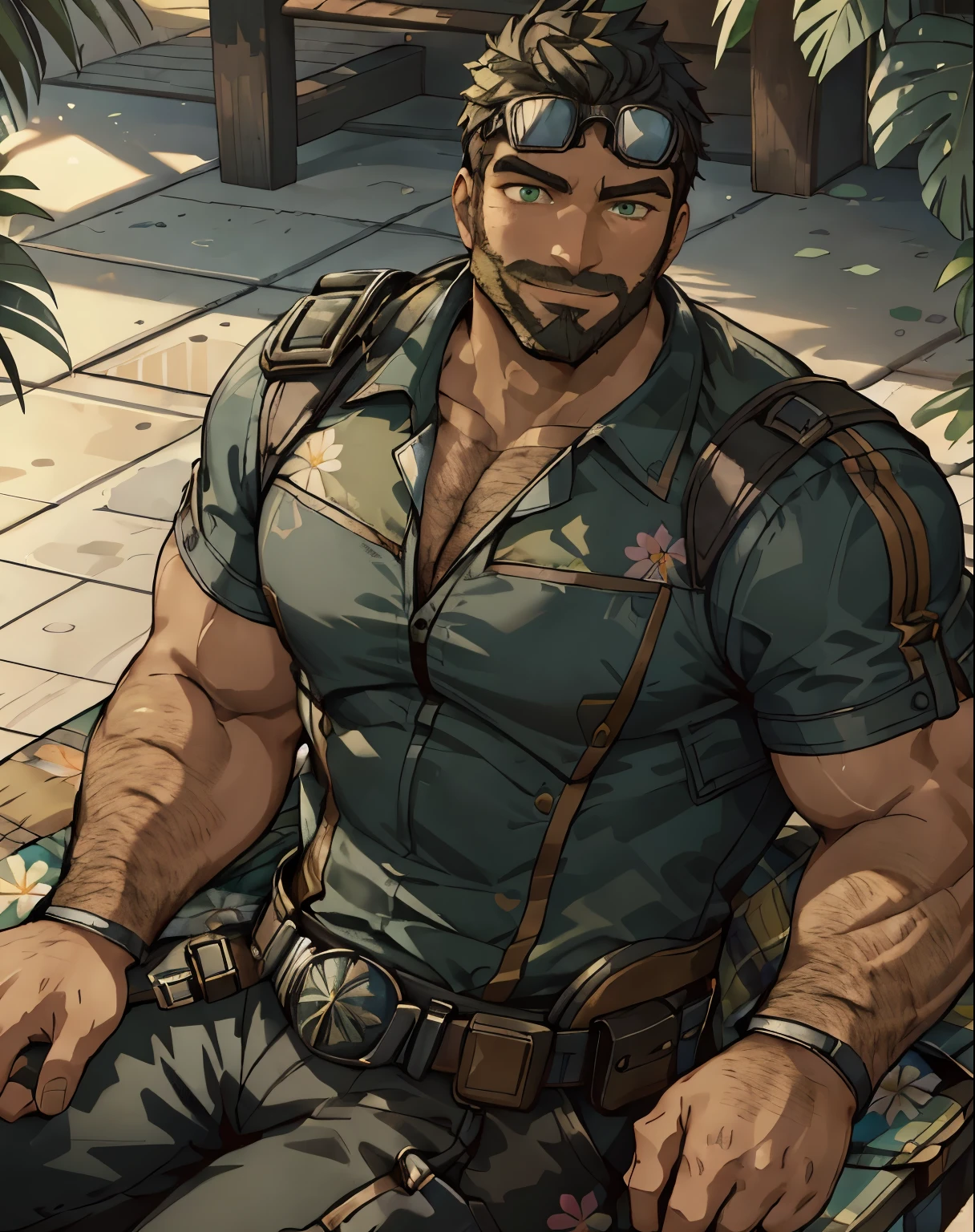 Masterpiece, Best Quality, Ultra-Detailed, 1man, 30 years old, stud, hunk, bara, muscular, jock, huge muscles, black hair, black beard, ((full beard:1.0)), black mustache, green eyes, steampunk googles on head, hawaiian shirt, ((flowered shirt)), (((short sleeve shirt:1.0))), open shirt, hairy chest, hairy torso, hairy abdomen, looking at the viewer, happy expression, sitting, holding a drink