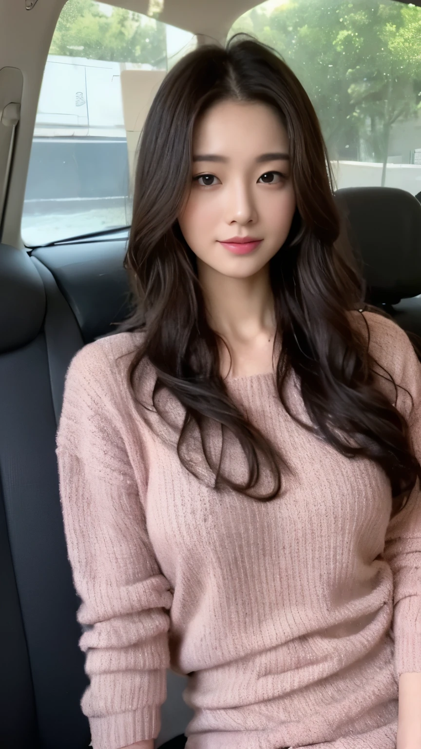 ((top-quality、8k、masterpiece:1.3))、Beautiful woman with perfect body:1.4、slim abdomen:1.2、Longhair, normal breast, Highly detailed facial and skin texture, A detailed eye, delicate eyes, double eyelid, (smile), (full body shot), ((in the car 1.1)), (sitting in car), ((wearing pink sweater dress)), looking in front