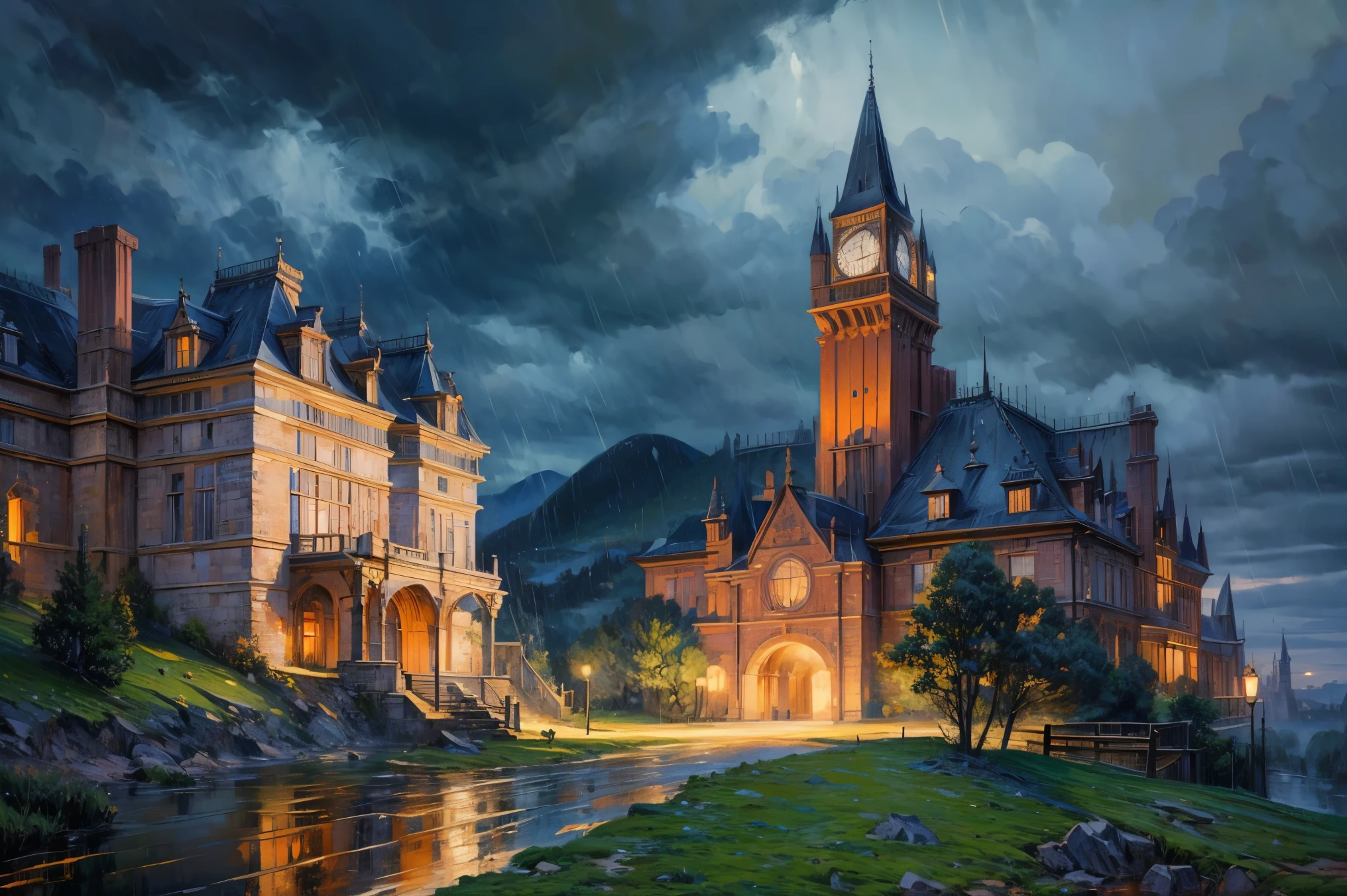 ((nobody)) Vintage Victorian style, Precise old encyclopedia (best quality:1.2), (detailed:1.2), (masterpiece:1.2), vintage illustrations of a dark castle on the mountain, dark stormy weather, storm, rain, at night, castle towers with glowing light, oil painting