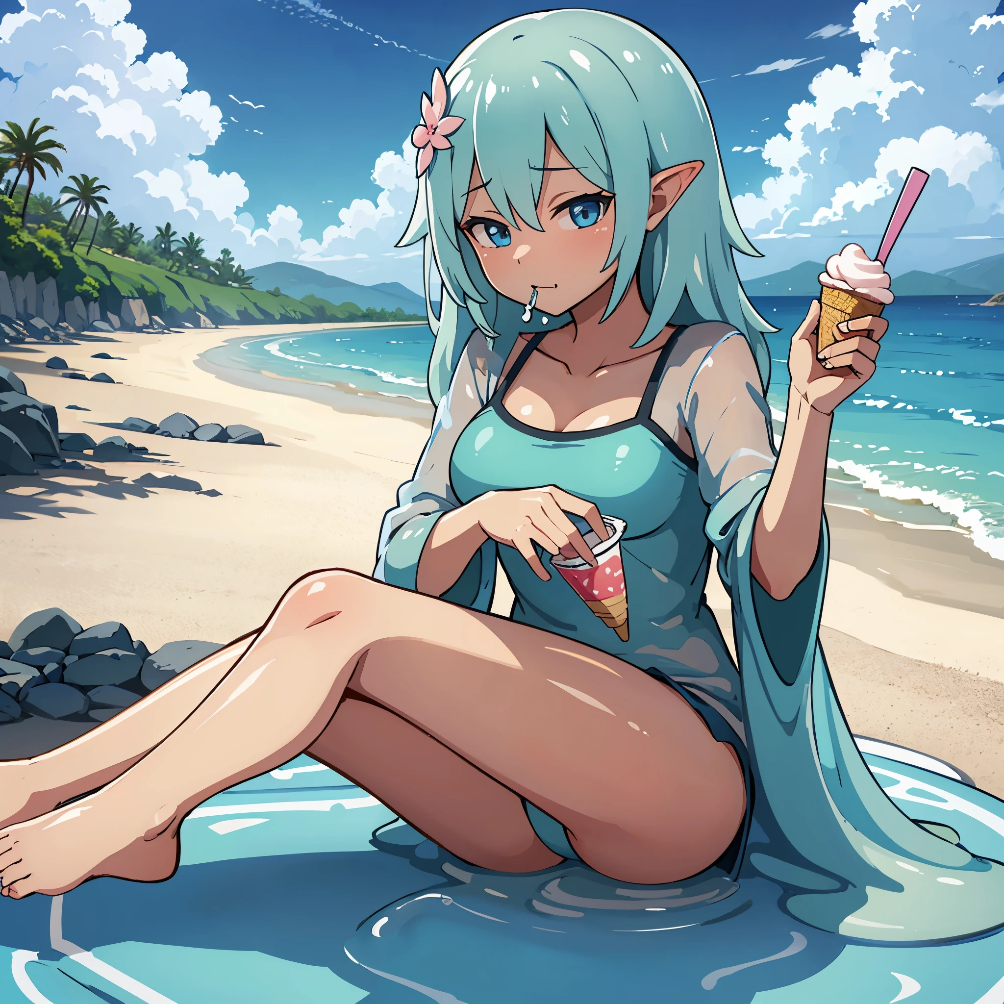 Anime illustration of a slime girl eating an ice cream on a beautiful beach day