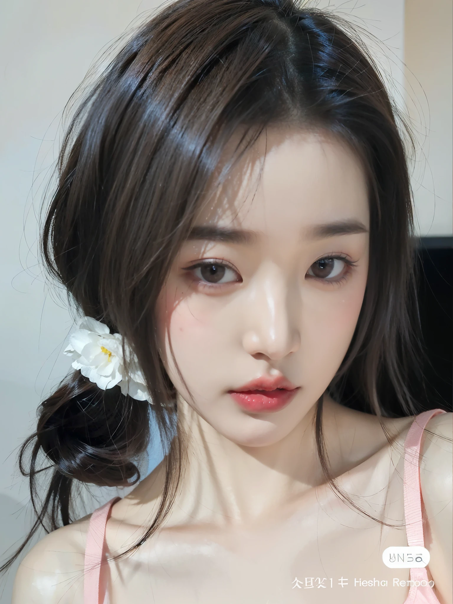 hay una mujer con un top rosa y una flor blanca en el pelo, ulzzang, chen xintong, xisionwu, pale korean adorable face, Young cute pale asian face, joven y adorable rostro coreano, wenfei ye, hermoso rostro estetico, maquillaje popular de corea del sur, dilraba dilmurat, cara linda y clara, realista. cheng yi