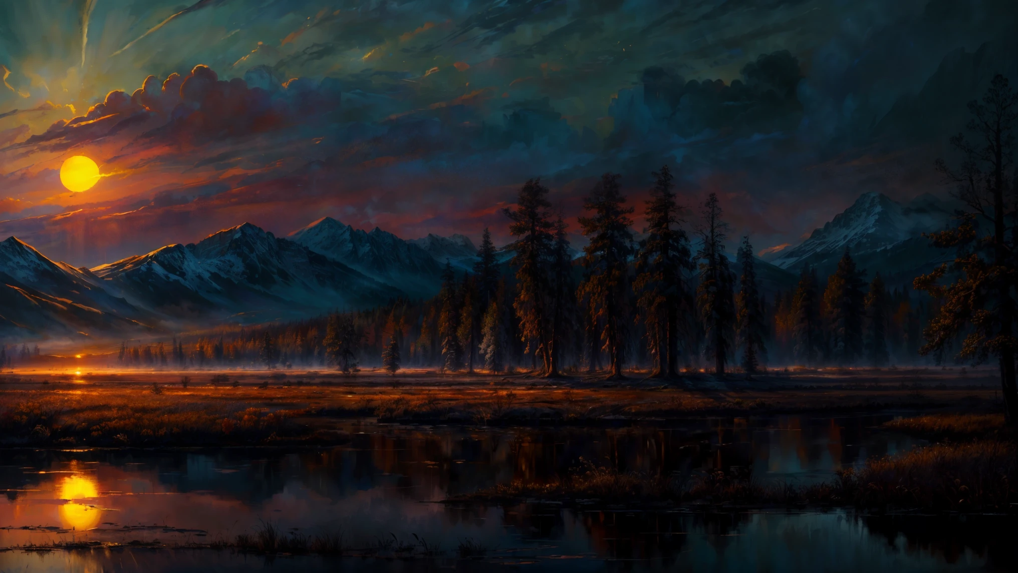 (masterpiece, best quality, high quality, highres:1.4), detailed, extremely detailed, ambient soft lighting, 4K, landscape, (dusk, setting sun, darkening sky:1.3), swamp, mire, mist, mountains in the background, crooked trees, darkness, dark fantasy, gothichorrorai