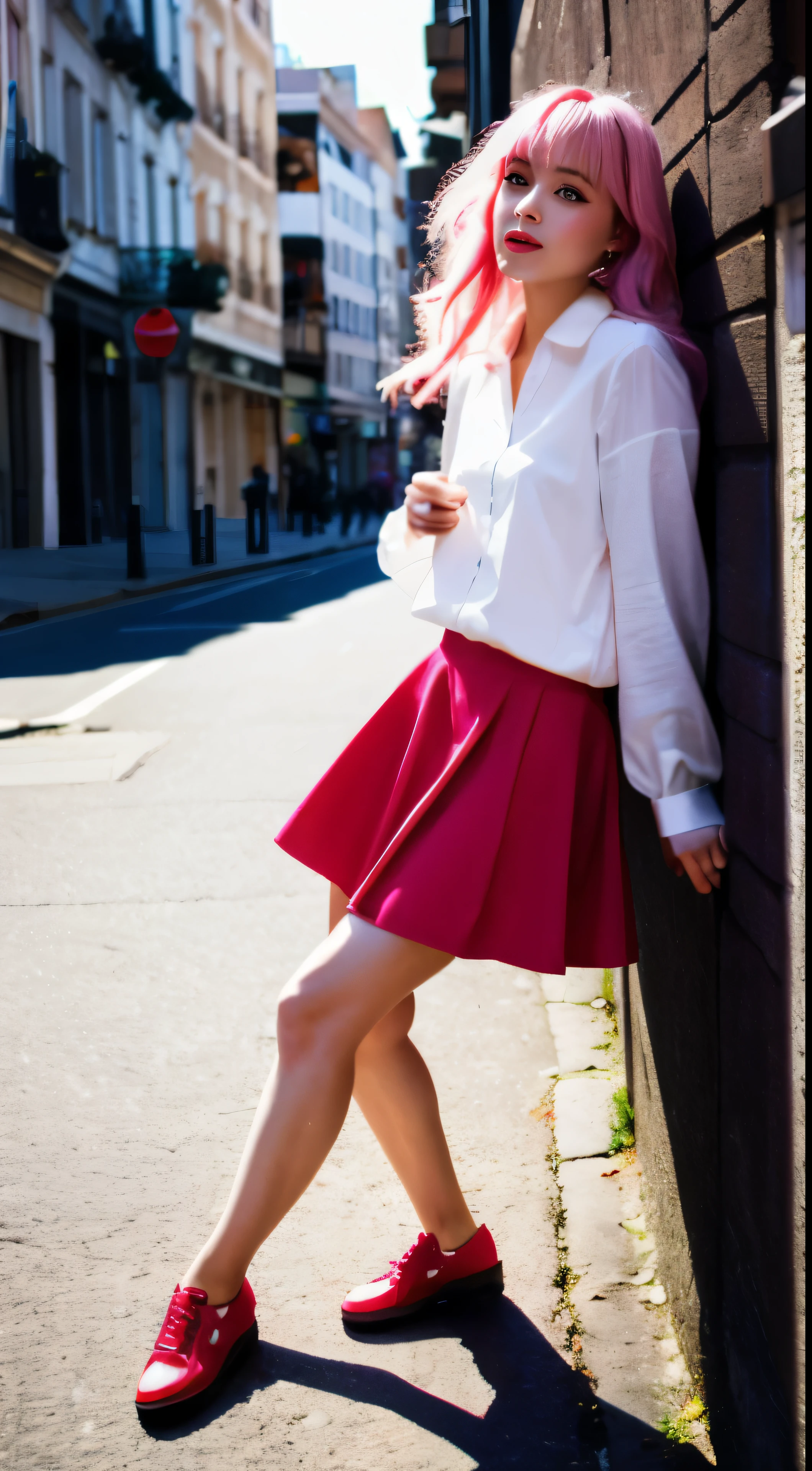 with high definition imageasterpiece, best quality, highres, absurdsurreal, 1girl, crowd, skirt, pink hair, Gasai Yuno, from below, revealing clothes, skin mimicking textures, outdoors, sunlight gleaming, streetscape, intensely focused on viewer, blushing crimson.