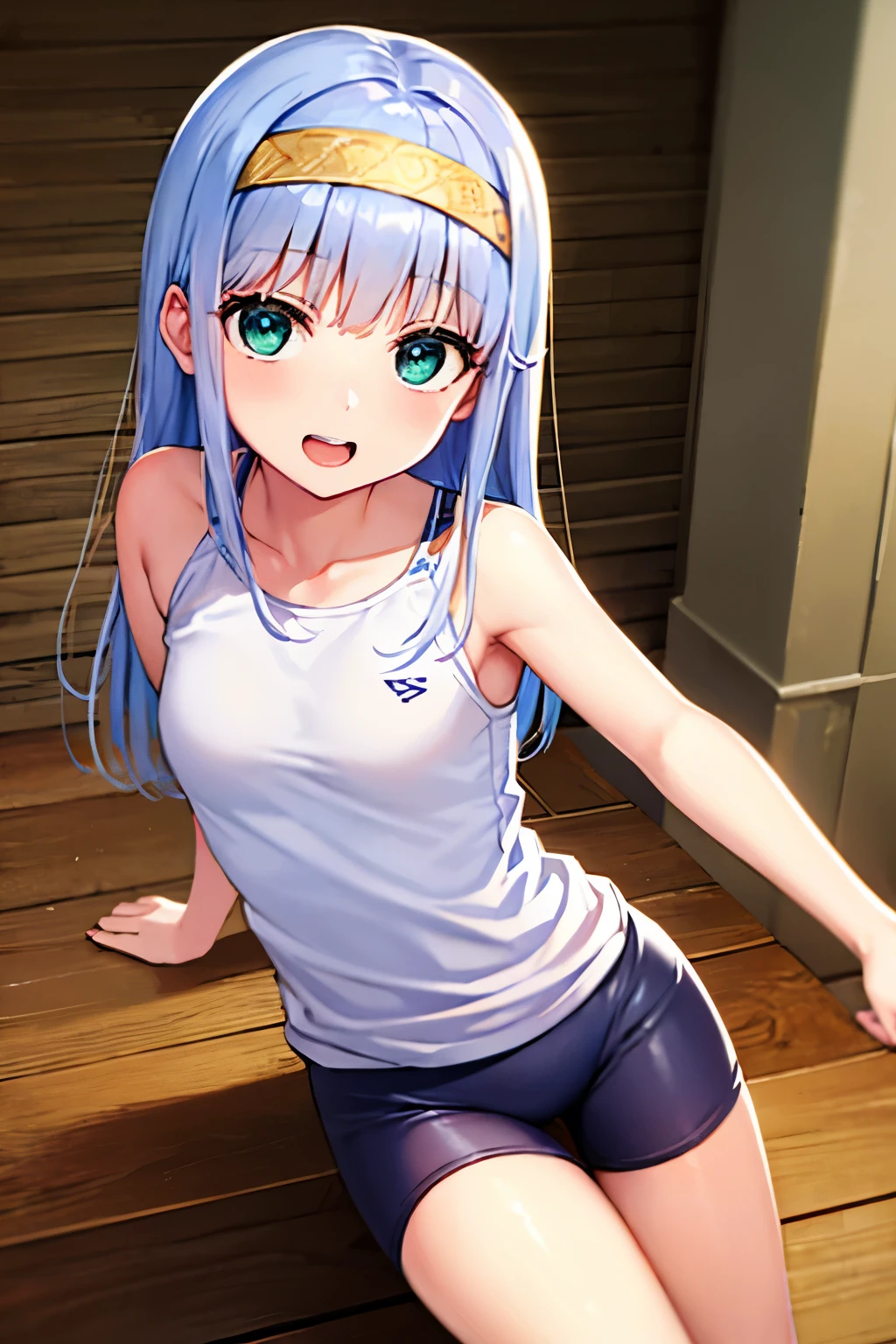 daytime, sunlight, 1 girl, 8K resolution, blue hair, blue eyes, glowing eyes, white short skirt, Blush, Cheongsam costume, sleeveless shirt, sunlight, Wet from the rain, seethrough, Sit with your knees raised, pussy, Spread legs slightly, smile, the skirt is lifted up, highest quality, High resolution, highly detailed face, perfect lighting, highest detailed CG, (perfect hands, perfect anatomy), mini yaemori, perfect figure, in love expression, bottomless, armpit, medium breast, glitering skin, lightray,