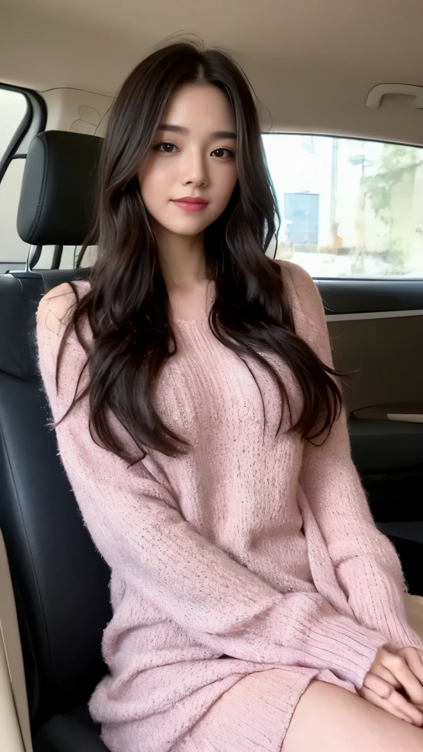 ((top-quality、8k、​masterpiece:1.3))、Beautiful woman with perfect body:1.4、slim abdomen:1.2、Longhair, normal breast, Highly detailed facial and skin texture, A detailed eye, delicate eyes, double eyelid, (smile), (full body shot), ((in the car 1.1)), (sitting in car), ((wearing pink sweater dress)), looking in front