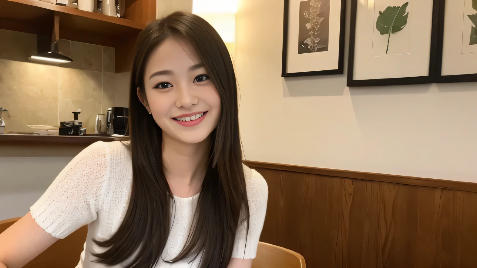 There is a woman sitting at a table, Beautiful young, japanese woman, japanese girl, Gorgeous young man, Ayaka, beautiful south ,smile