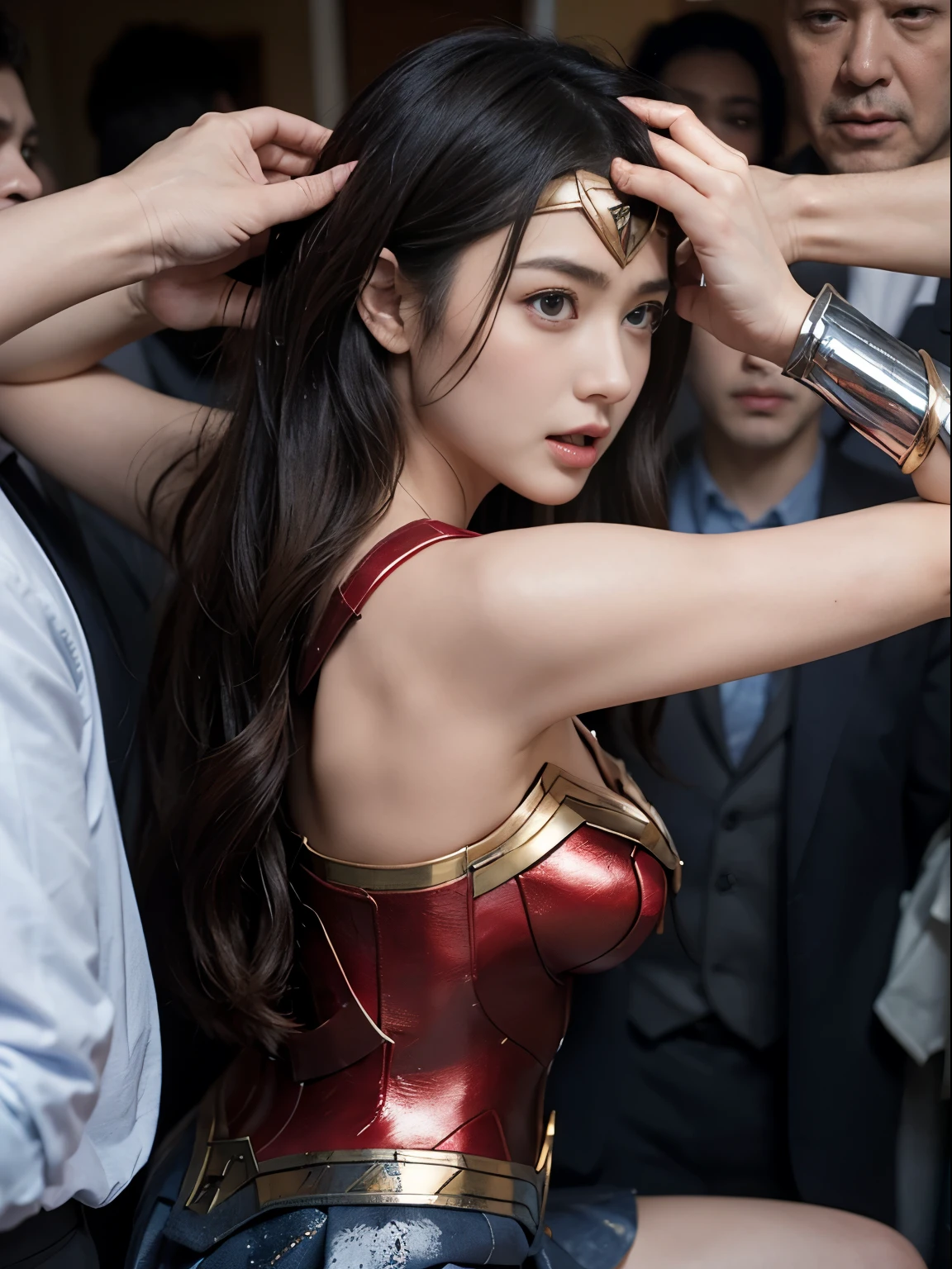 From the back,(cute face、Big eyeasterpiece)、super detailed、(highest quality:1.0)、( (NSFW))、hide、 kneel down, skirt、that woman is wonder woman、perfect wonder woman costume,Mr.々expression、screaming face,open your mouth,Wonder Woman Reluctant、troubled face,Wonder Woman frowning,Wonder Woman with a distressed expression,Wonder Woman with a gasping face,sad face、multiple men、the man on the left、man on right、princess in the middle、fat old man、(clothes get wet)、in a crowded train、being licked by a man,grab your head、Hold down your head,A man grabs my hair,To a man whose hair is pulled strongly by a man,hair licked,a man touches my hair,A man strokes my hair