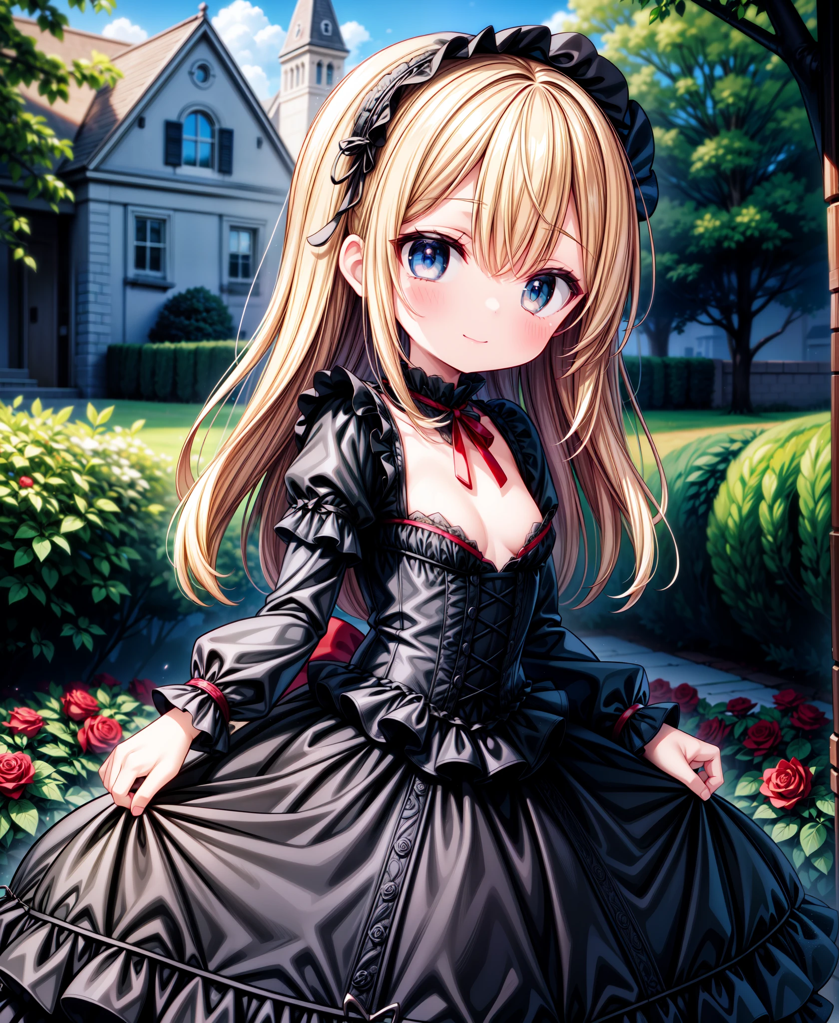 ((Masterpiece)), (Anime:1.5), ((best quality)), (RAW photo: 1.2), (Professional Photography:1.2), 8K, from side, wide shot, (12 years old), ((1girl)), Textured skin, cinematic lighting, 1girl, ((Beautiful Gothic Lolita)), cute innocent young girl, ((hair over one eye)), Slender and small breasts, (long silky blond hair), (gothic lolita makeup), beautiful hair, smile, (blush), Light particles, in beautiful Fantastic garden, (red roses garden),, 