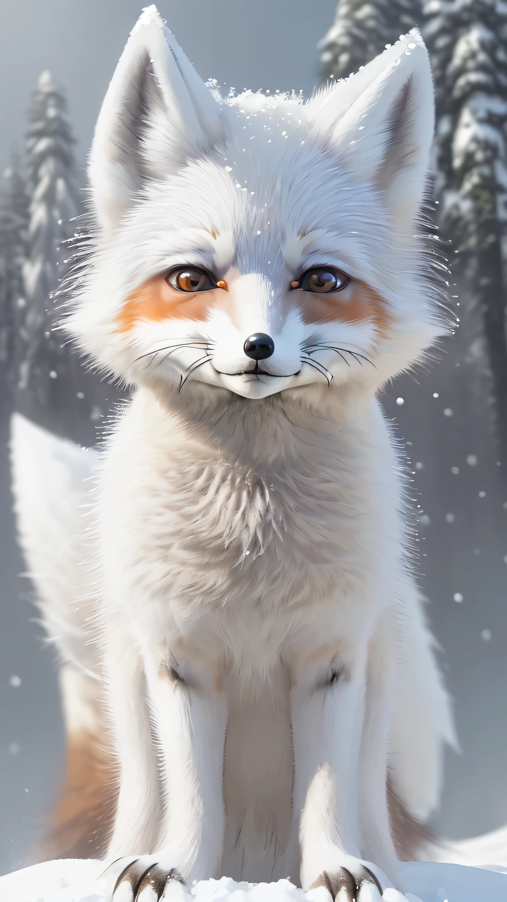 ((white fox:1.4)),((Children's fox:1.4)),((pure white:1.4)),fat fox, masterpiece, highest quality, 8k, High resolution, photograph, film grain, chromatic aberration, HDR, dynamic lighting,((View from the front:1.4)), ((faced the front:1.4)), sparkling background, (gray background:1.4), most detailed, very detailed, Super detailed, finely, (big pupil, realistic student:0.8), cute fox, A smiling fox, in the forest, laughing fox, So cute, ((look forward:1.4)), ((whole body)), ((Little fox:1.4)),((in the snow:1.4)),(Big eyes:1.4)).((pure white:1.4))