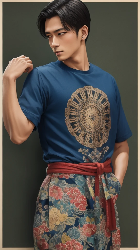 "1 boy solo, a half body, Japanese vintage art, nostalgic t-shirt design with intricate details and vibrant colors, inspired by traditional ink wash painting and delicate line work."