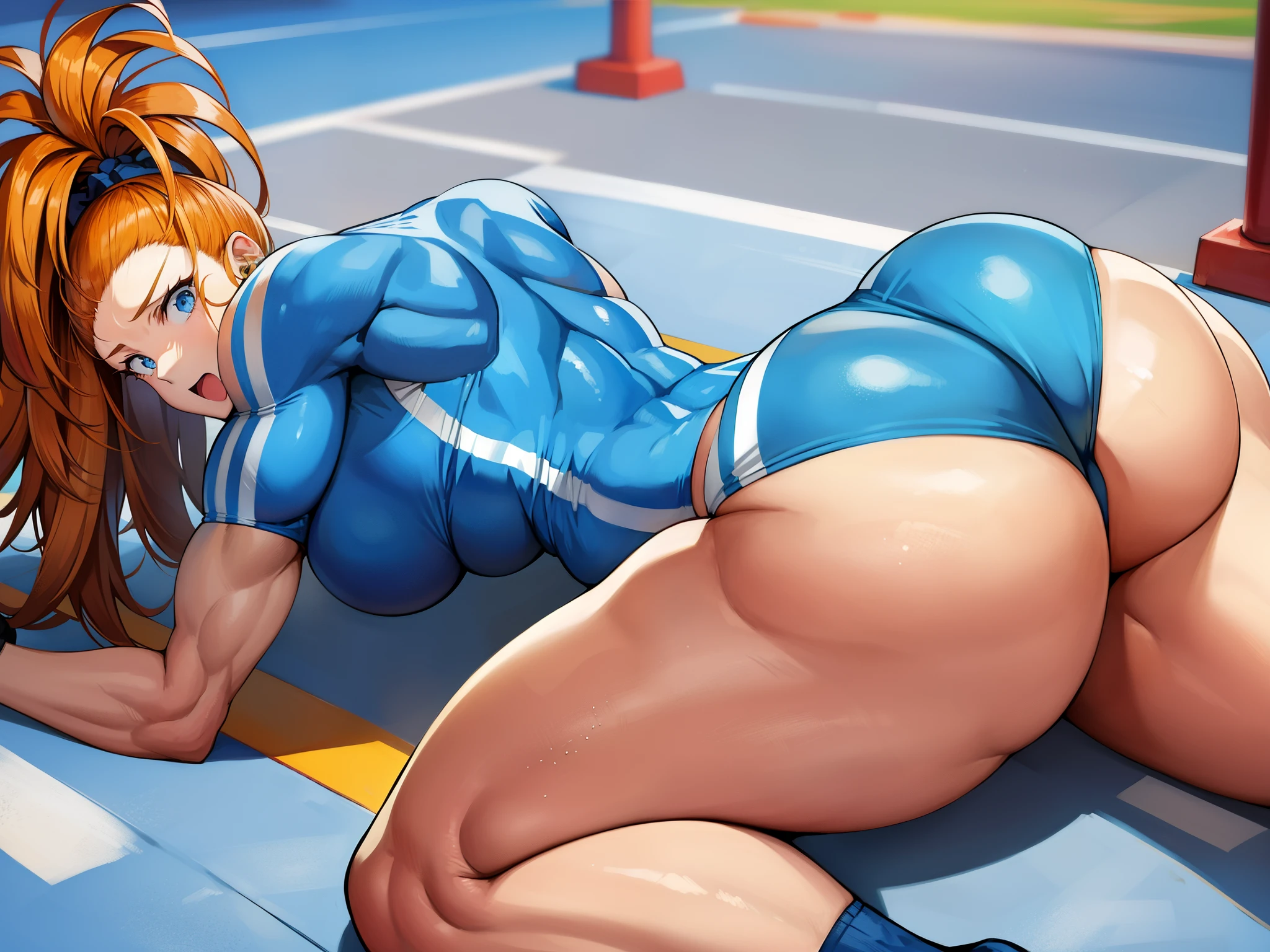 One Punch Man、athletics stadium、Captain Mizuki、captain、(((butt lying down)))+++、(((butt lying down)))+++、(((back view)))+++、(((back view)))+++、Crouching start、pole vault、javelin throwing、shot put、discus throw、track and field athlete、B-class 71st female hero、With a bright and cheerful personality、Uses a variety of attack methods with track and field motifs。Operation to invade the Monster Association、muscular big breasted mature woman、muscular big breasted mature woman、8head and body、A stunning six-pack peeks out through her clothes.、A uniform that resembles that of a track and field athlete who boasts well-trained, toned, and supple bodies.、Sports shoes and wristbands on both hands、earrings on both ears、Her long, voluminous hair is tied up with a scrunchie.。It is located slightly to the left of the top of the head.、Between pineapple hair and side tail、orange hair blue eyes、