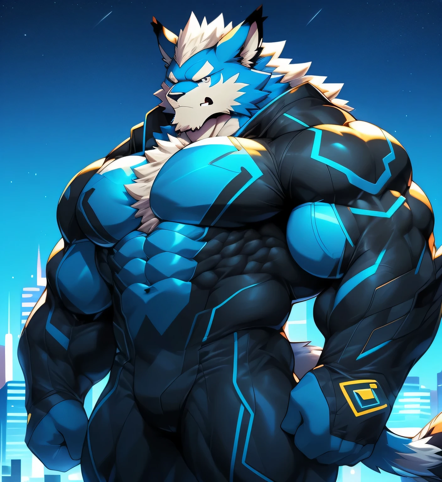 fondo de la ciudad, rascacielos, ciudad futurista, Noche, estrellas, Noche lights, Leomon Gigachad, super hero, hero, mono, massive muscles, enormes pectorales, abdominales cincelados, huge pectorales, Exaggeratedly large muscles. A furry hero whose presence inspires trust and respect. (((His hero costume is black and sky blue.)))