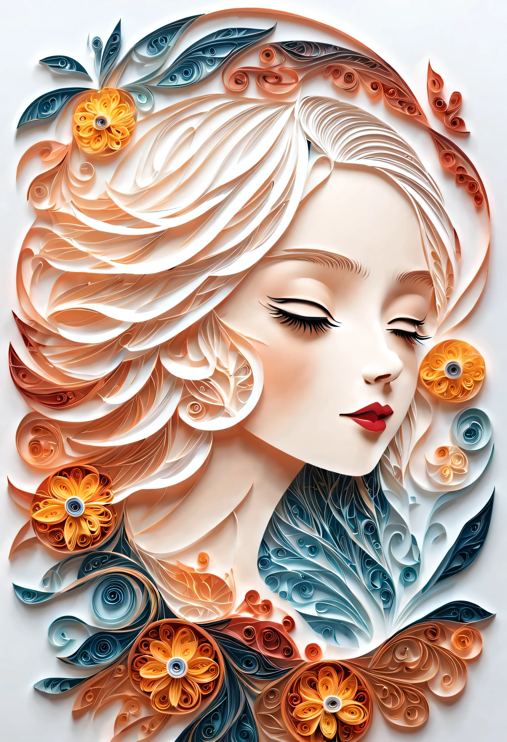 剪paper art术,(Plane paper cutting，paper art，layered paper art，paper quilling, The art of math),pure white background, girl，(high detail, masterpiece, best quality, ultra high definition)