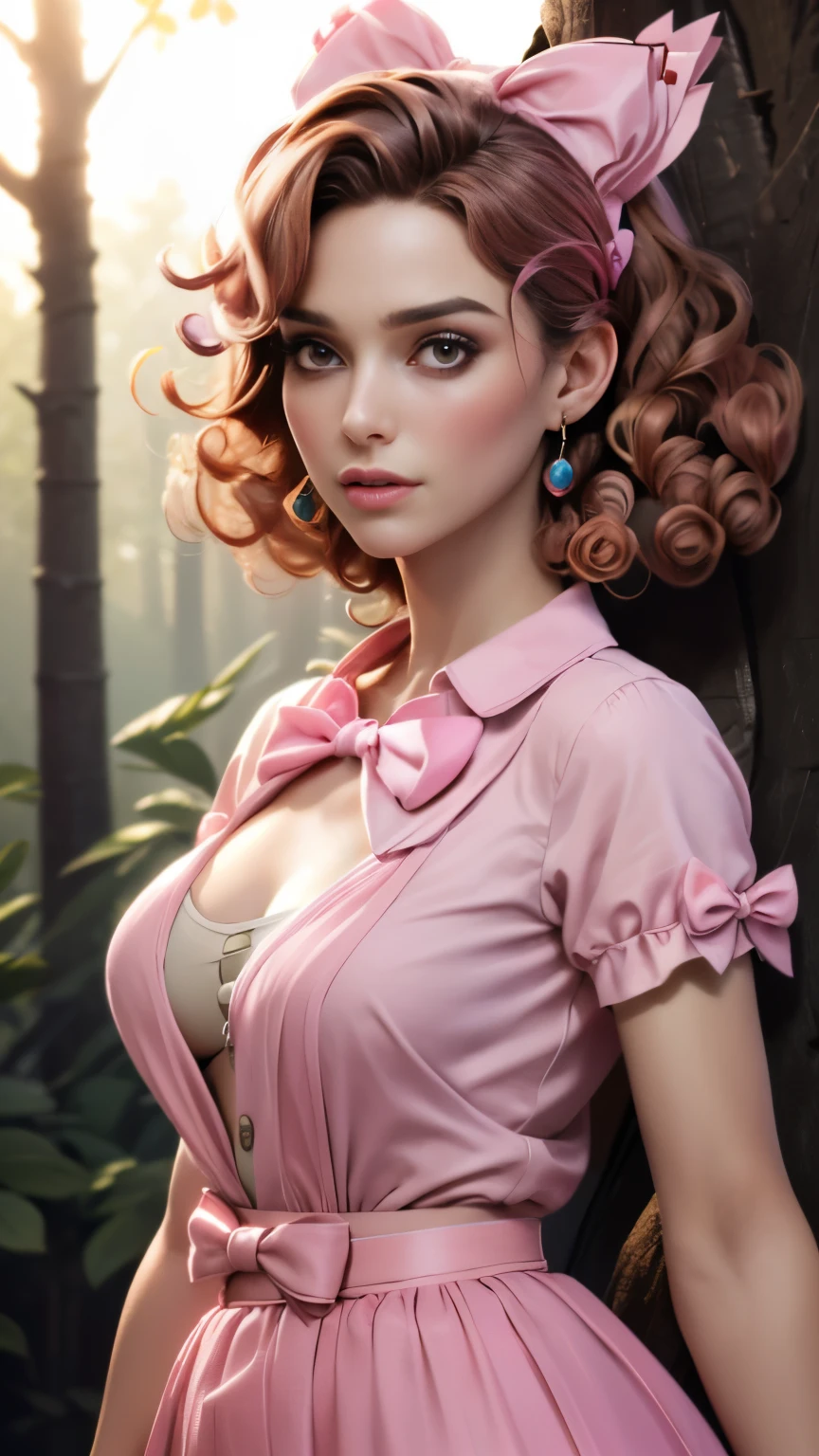 photo of celebrity, RAW, beautiful woman, ((portrait)), ((detailed face, colorful rainbow hair:1.2)), ((detailed facial feature, detailed skin, clear skin, parted lips), (perfect proportioned body, medium breasts), ((wearing Summer Short Sleeves, Hair Bow, Pink Skirt, Bow, Pink Bow, Curly Hair, Chest, Jewelry: 1.5)), (high detailed dark forest: 1.3), (realistic photo, best quality, detailed), (8k wallpaper), (cinematic lighting, dramatic lighting) (sharp focus, intricate)