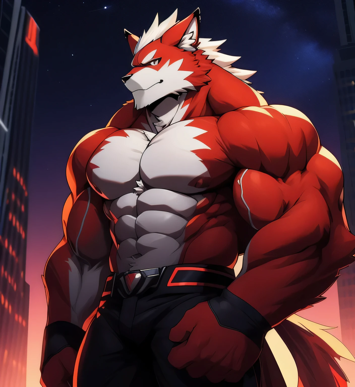 fondo de la ciudad, rascacielos, ciudad futurista, Noche, estrellas, Noche lights, Leomon Gigachad, super hero, hero, mono, massive muscles, enormes pectorales, abdominales cincelados, huge pectorales, Exaggeratedly large muscles. A furry hero whose presence inspires trust and respect. (((His hero costume is black and red.)))