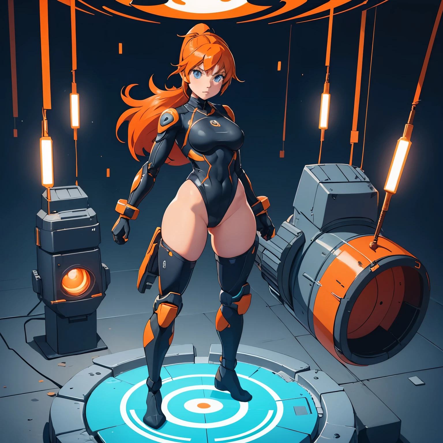 1 girl, alone, black high leg leotard, barefoot, boots, Dynamic standing poses, gloves, orange hair, blue eyes, shine, put your hand on your waist, giant robot pilot, ponytail, Power ups