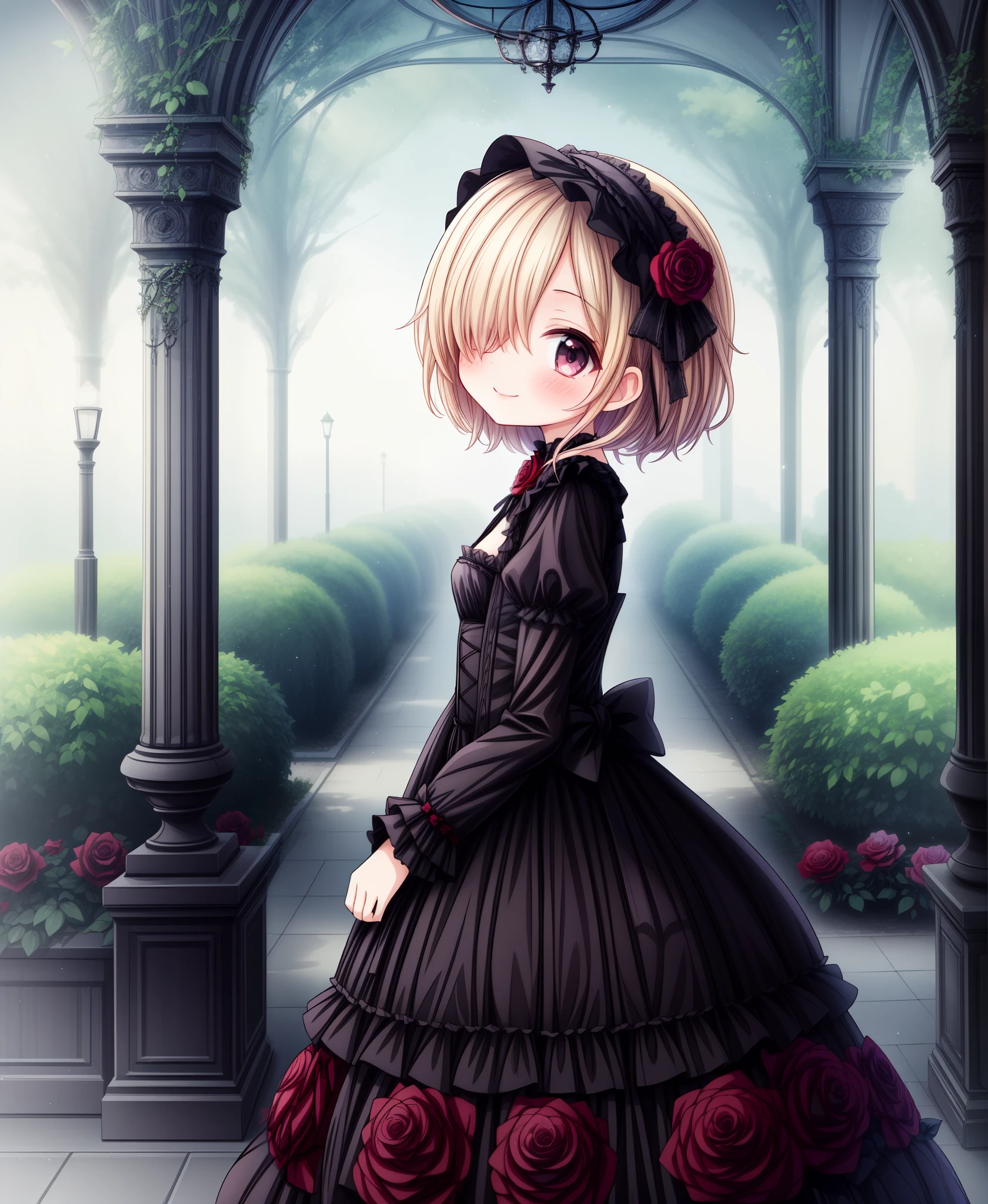 ((Masterpiece)), (Anime:1.5), ((best quality)), (RAW photo: 1.2), (Professional Photography:1.2), 8K, from side, wide shot, (************), ((1girl)), Textured skin, cinematic lighting, 1girl, ((Beautiful Gothic ****ta)), cute innocent young girl, ((hair over one eye)), Slender and small breasts, (long silky blond hair), (gothic ****ta makeup), beautiful hair, smile, (blush), Light particles, in beautiful Fantastic garden, (red roses garden),, 