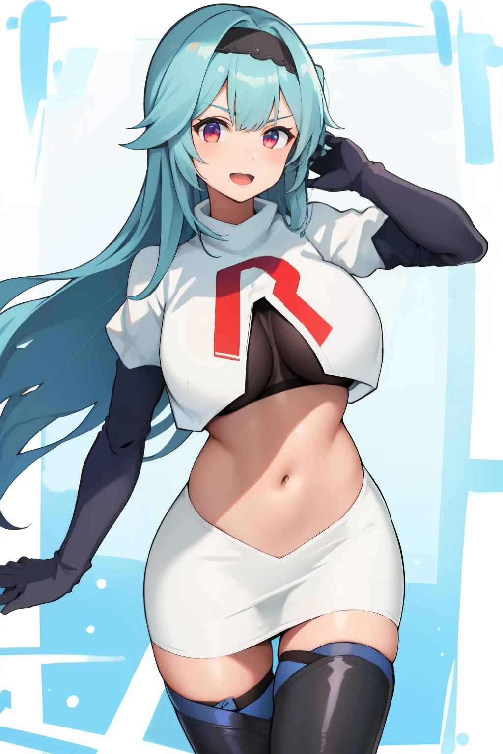1girl, solo, euladef, large breasts, thighs, team rocket,team rocket uniform,white skirt,red letter R,crop top,black thigh-highs,black elbow gloves,
