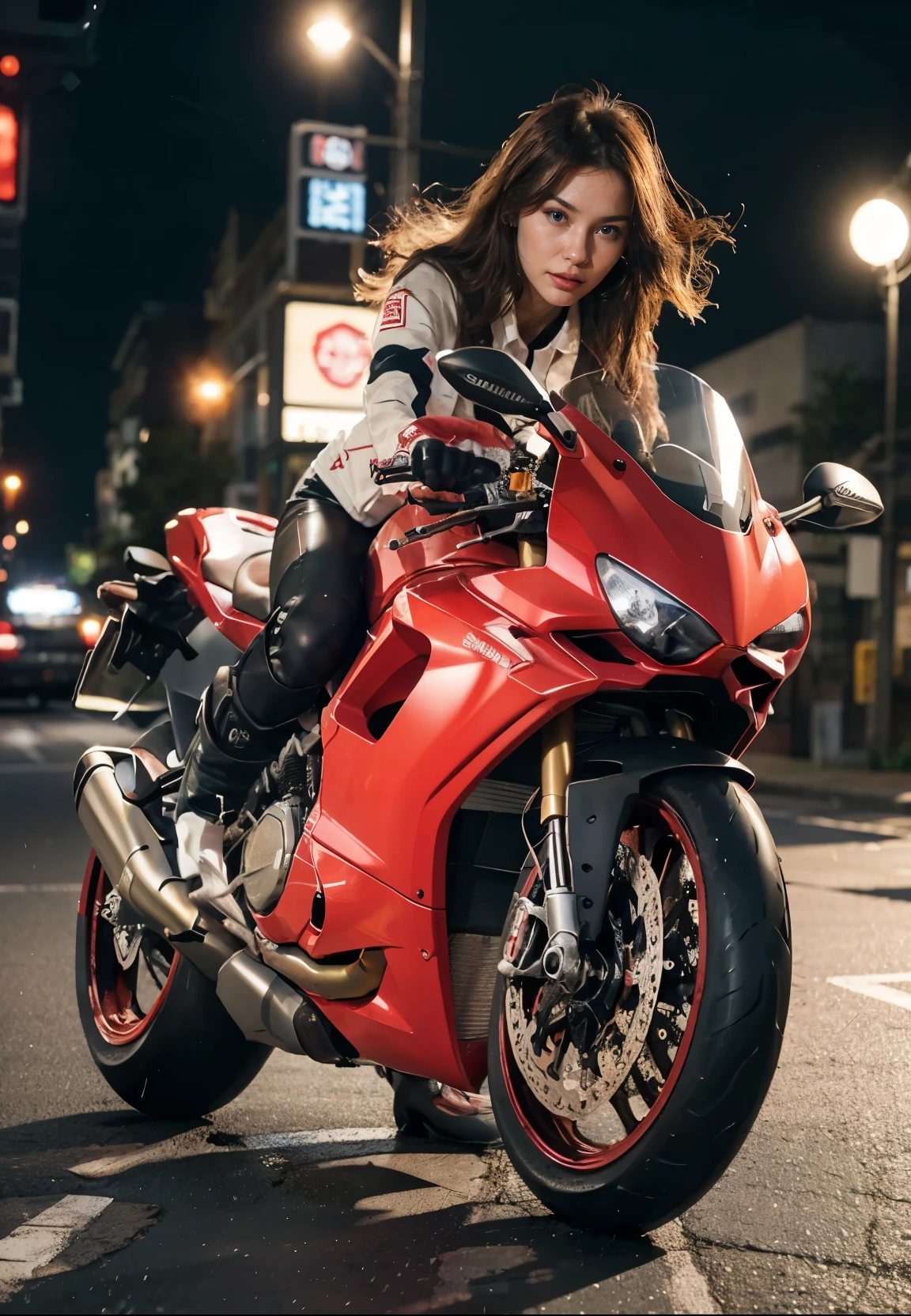 hight resolution、high-level image quality、in 8K、Real live-action、Raw photography、top-quality、​masterpiece、masutepiece、(Soft Saturation:1)、(depth of fields:1.2)、(Ray traching:1.2)、dynamic camera angle、BREAK、((during night)),Neon light、、heavy wind、BREAK、Big red motorcycle speeding through the city at night、((big red bicycle:1.2))、BREAK、Young woman driving a big red motorcycle, Beautiful face、(Facing forward:1.2)、Women are short、BREAK、(wearing a red jacket:1.2)、BREAK、White miniskirt、BREAK、(Red boots:1.2)、BREAK、Black Gloves、perfect hand、perfect foot、perfect boots、((Grasp the controller with both hands:1.2))、Grasp the controller with both hands、Grasp the steering wheel with both hands、((Slouched))、Slouched:1.2、Slouched、lay one&#39;s upper body down、Lower body:1.2、bend knee、Motorcycle Rider,BREAK、Big Ducati Panigale V4 に座る,Big Ducati Panigale V4 に乗って, Big Ducati Panigale V4、How to ride the big Ducati Panigale V4, (Draw left and right rearview mirrors:1.3)、Draw left and right rearview mirrors、Draw the right rearview mirror、Draw the left rearview mirror、headlights shine、picture of a female biker, motorbike,Motorcycle displacement: Big Ducati Panigale V4、Big Ducati Panigale V4、 Big Ducati Panigale V4、