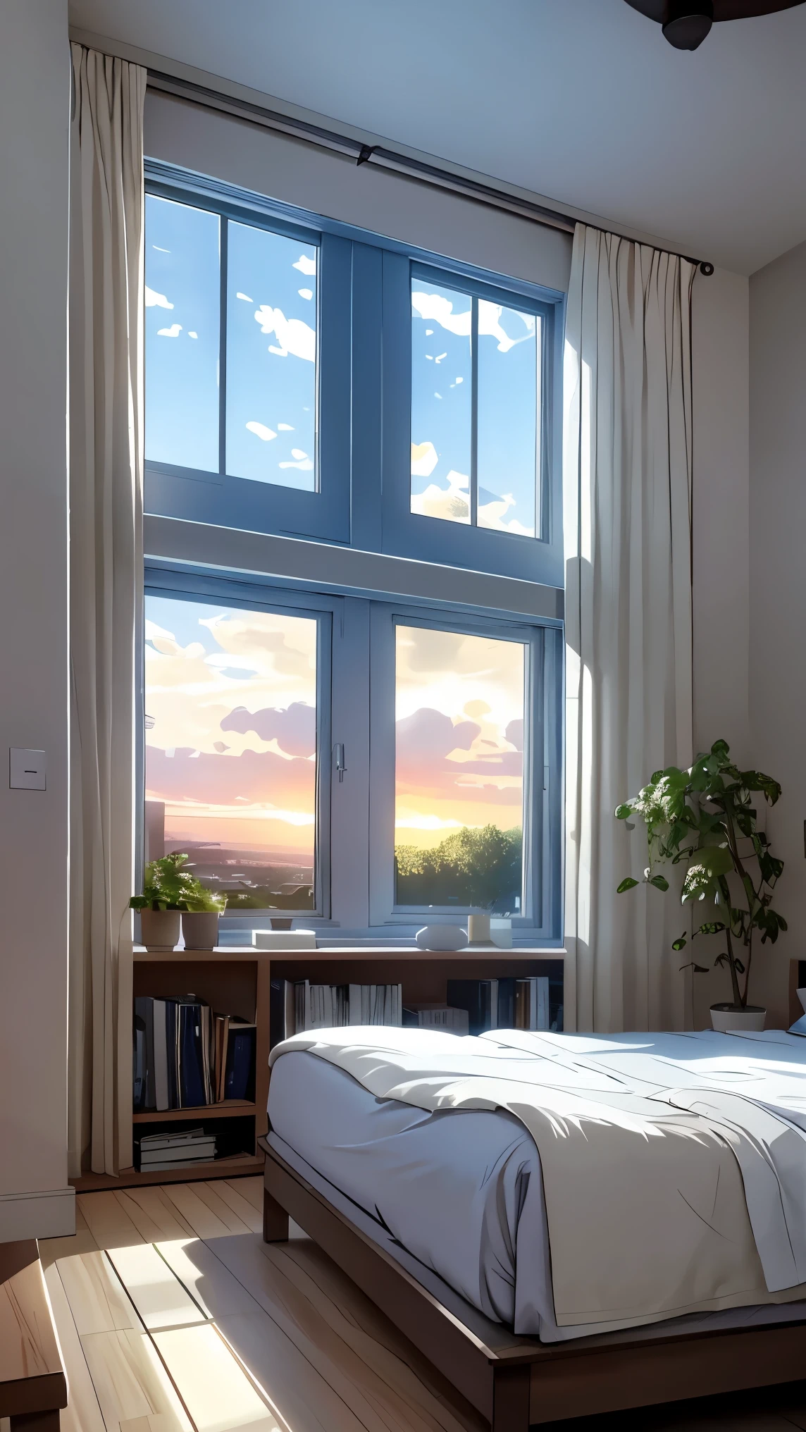 a bedroom with a bed and a window, sky, cloud, indoors, tree, book, no humans, sunlight, cloudy sky, plant, curtains, scenery, sunset, bookshelf, evening, 4k ultra HD,