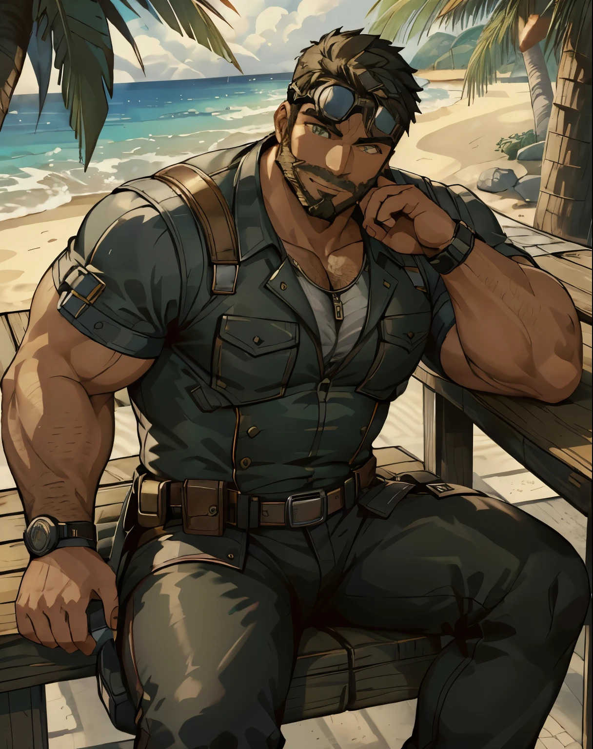 Masterpiece, Best Quality, Ultra-Detailed, 1man, 30 years old, stud, hunk, bara, muscular, jock, huge muscles, black hair, black beard, ((full beard:1.0)), black mustache, green eyes, steampunk googles on head, hawaiian shirt, (((short sleeve shirt:1.0))), open shirt, hairy chest, hairy torso, hairy abdomen, looking at the viewer, happy expression, sitting, holding a drink