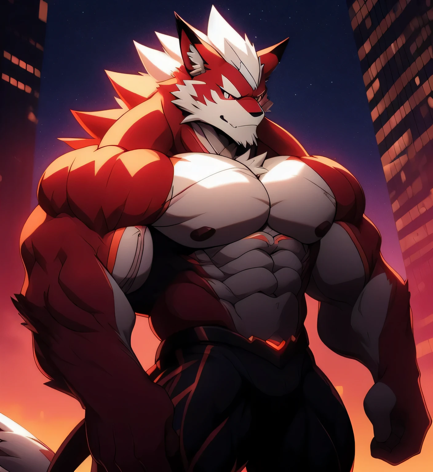 fondo de la ciudad, rascacielos, ciudad futurista, Noche, estrellas, Noche lights, Leomon Gigachad, super hero, hero, mono, massive muscles, enormes pectorales, abdominales cincelados, huge pectorales, Exaggeratedly large muscles. A furry hero whose presence inspires trust and respect. (((His hero costume is black and red.)))