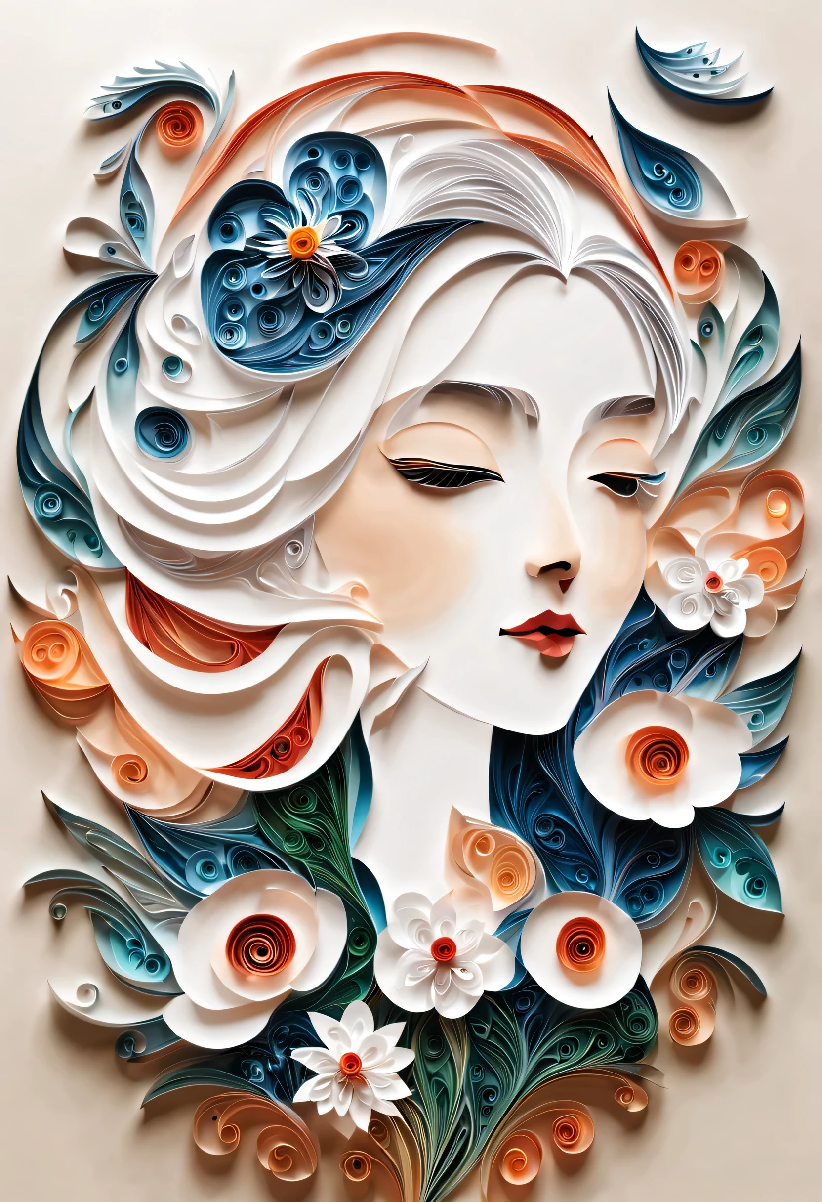 剪paper art术,(Plane paper cutting，paper art，layered paper art，paper quilling, The art of math),pure white background, girl，(high detail, masterpiece, best quality, ultra high definition)