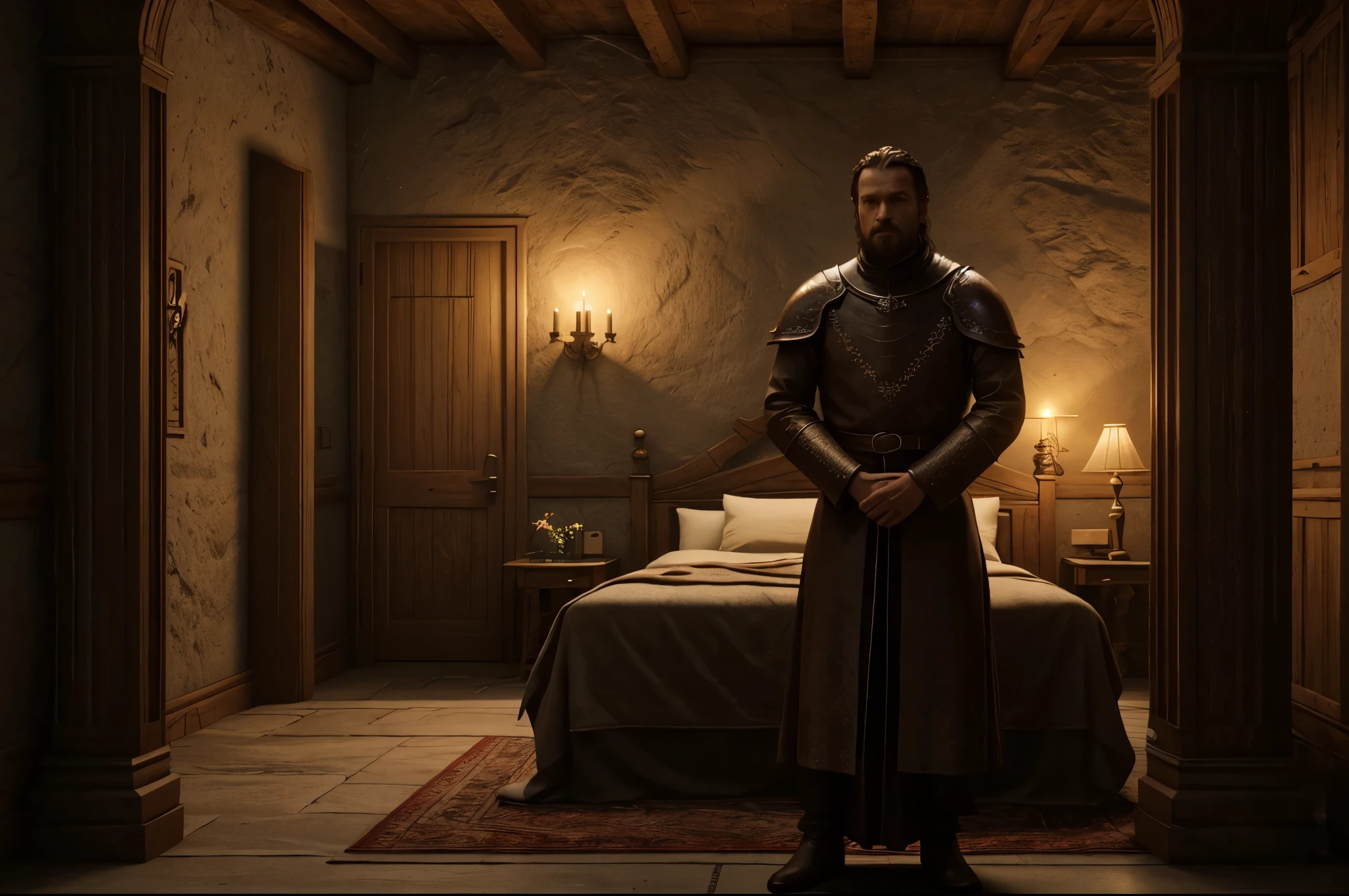 a man in a medieval setting with candles and a bed, unreal engine 5 dramatic rendering, rustic throne room, beautiful and cinematic lighting, still from a fantasy film, cinematic unreal engine 5, cinematic lighting + artwork, 2 0 2 1 Frame Capture Cinematic 4K, Dune 2 0 2 1 Movie Scene, Game of Thrones Cinematic Unreal Engine