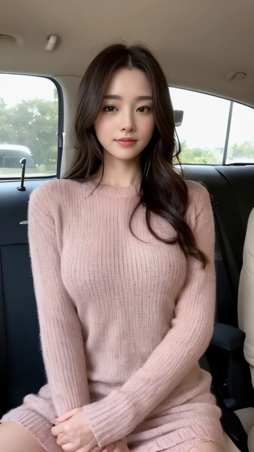 ((top-quality、8k、​masterpiece:1.3))、Beautiful woman with perfect body:1.4、slim abdomen:1.2、Longhair, normal breast, Highly detailed facial and skin texture, A detailed eye, delicate eyes, double eyelid, (smile), (full body shot), ((in the car 1.1)), (sitting in car), ((wearing pink sweater dress)), looking in front