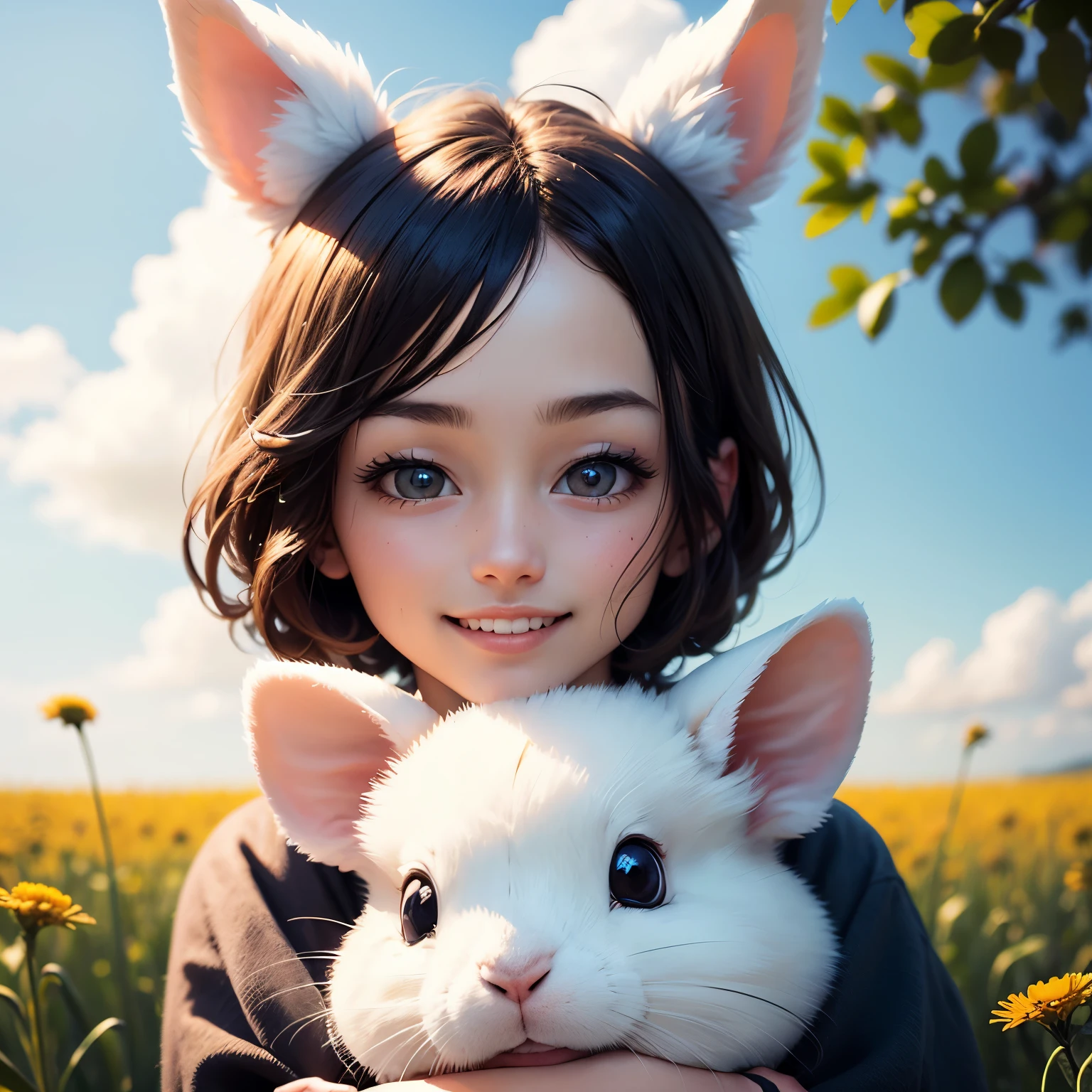 (masterpiece:1.5、top-quality:1.5)、the real thing、(hyper realisitic:1.5)、(Photorealsitic:1.5)、(Real Images、intricate detailes)、Look at viewers、(8k wallpaper:1.5) (from knee to head:1.15)、(A detailed face:1.5)、(A detailed eye:1.5)、(crisp photos)、Extremely detailed、Ultra-high quality resolution (Strong depth of field:1.5)
Style - cute and playful
Search - Open Field
Background - blue sky and white clouds
Subject - Girl in Ray Cosplay、Keeping stuffed rabbits
View - Front View
Appearance - pink ponytail、Brown-eyed、Rosy cheeks
Pose - stand with a big smile、Stuffed rabbit hug
Details – wildflowers and tall grass on background、Butterflies and birds are flying around
Effect - warm sunshine falling on the girl、emitting a soft glow