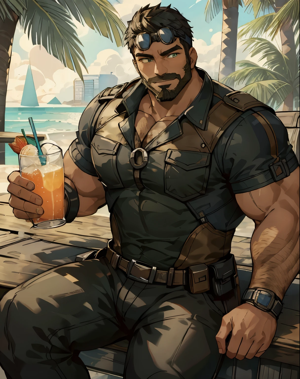 Masterpiece, Best Quality, Ultra-Detailed, 1man, detailed eyes, 30 years old, stud, hunk, bara, muscular, jock, huge muscles, black hair, black beard, ((full beard:1.0)), black mustache, green eyes, steampunk googles on head, hawaiian shirt, (((short sleeve shirt:1.0))), open shirt, hairy chest, hairy torso, hairy abdomen, looking at the viewer, happy expression, sitting, holding a drink