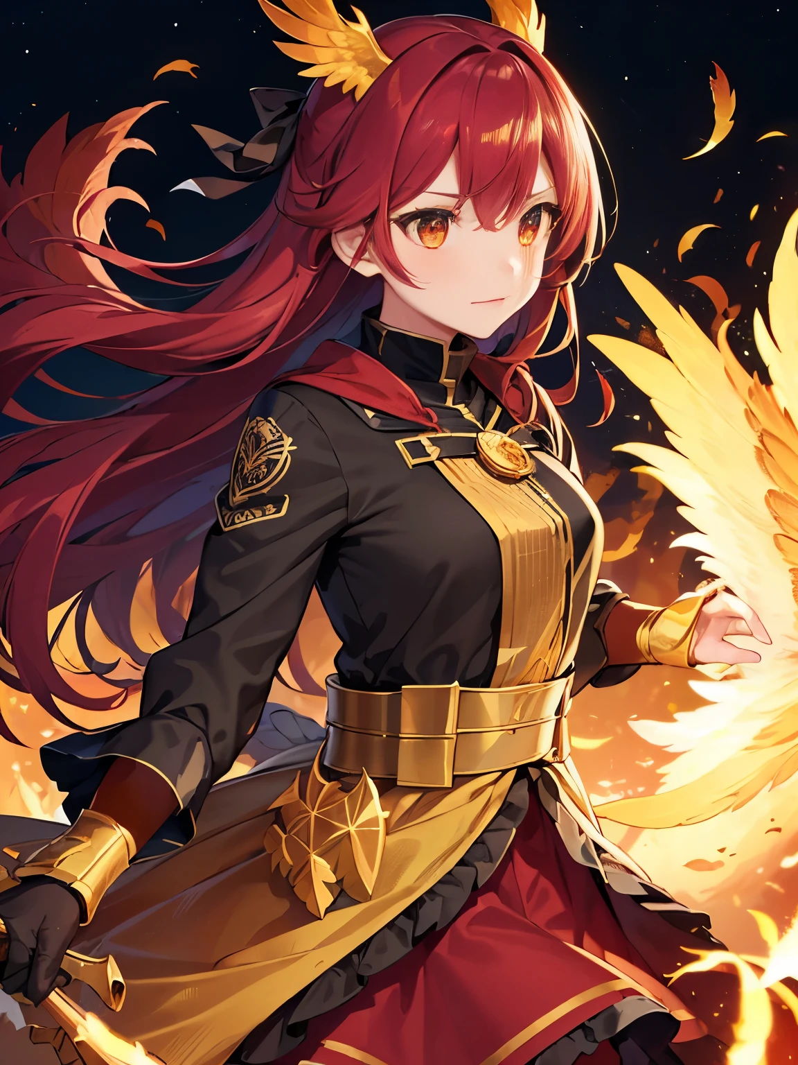 (Upper body:1.3), 1 girl,honix keeper, Fireproof clothing with golden phoenix emblem, A fire basket containing an obsidian stick, A phoenix's nest with shining golden feathers, Talon gloves for handling phoenixes, Fire ruby for feeding the phoenix,