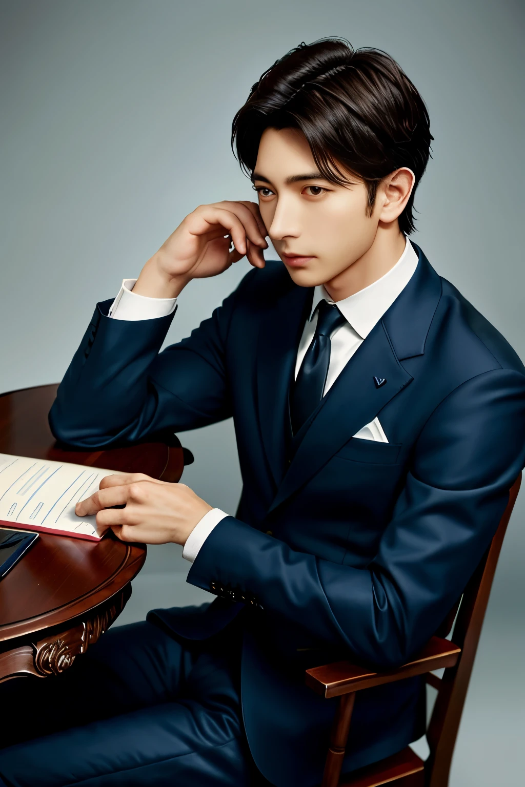 Title: "Blueprint for Success: A Business Journey to Prosperity"

Cover Design:
[1.8] Stunningly realistic, highest quality business plan book cover, ultra-detailed with intricate patterns and sleek modern design.
[Masterpiece, Top-quality, Realistic, 1.7]
 executive in a sharp suit, confidently looking ahead, holding a pen and a notebook. His professional attire is adorned with subtle, elegant phoenix patterns, symbolizing growth and transformation.
[Exquisite details, ultra high resolution, 1.4]
His face is impeccably groomed, boasting a flaw