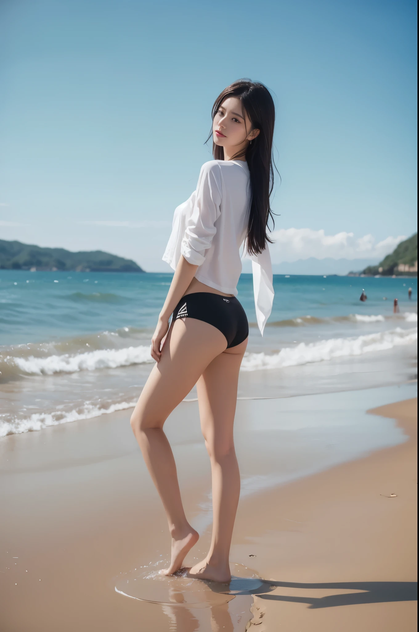 Hyper-realistic art, gallery-grade work, ultra precision, visually striking, sublime masterpiece, peak clarity, twilight dimness, subdued lighting,
1 girl,solo,low key,deep shadow, in bikni, full body close up view, on the beach, back pose, asian