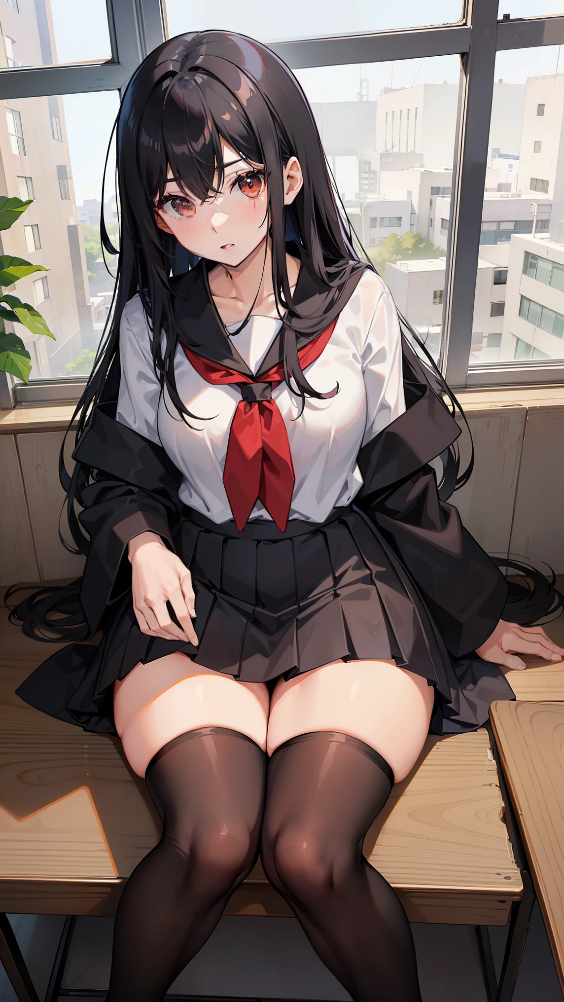 kasumigaokautaha, utaha kasumigaoka, black hair, hairband, long hair, (red eyes:1.5), 
BREAK long sleeves, school uniform, skirt, 
BREAK looking at viewer,
BREAK indoors, classroom,
BREAK (masterpiece:1.2), best quality, high resolution, unity 8k wallpaper, (illustration:0.8), (beautiful detailed eyes:1.6), extremely detailed face, perfect lighting, extremely detailed CG, (perfect hands, perfect anatomy),(white panties:1.5), (short, tiny, little:1.2), (spread legs, open legs, knee up:1.3), groin, perineum, leaning back, body tilt, shy, blush, embarrassed, arms behind back, cowboy shot, dutch angle,