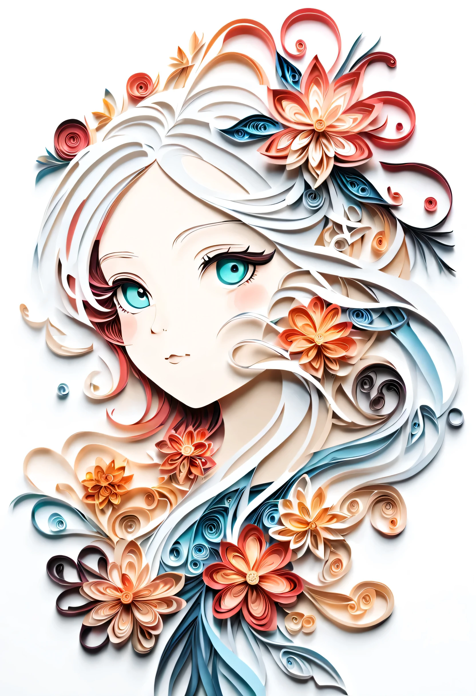 剪paper art术,(Plane paper cutting，paper art，layered paper art，paper quilling, The art of math),pure white background, girl，(high detail, masterpiece, best quality, ultra high definition)