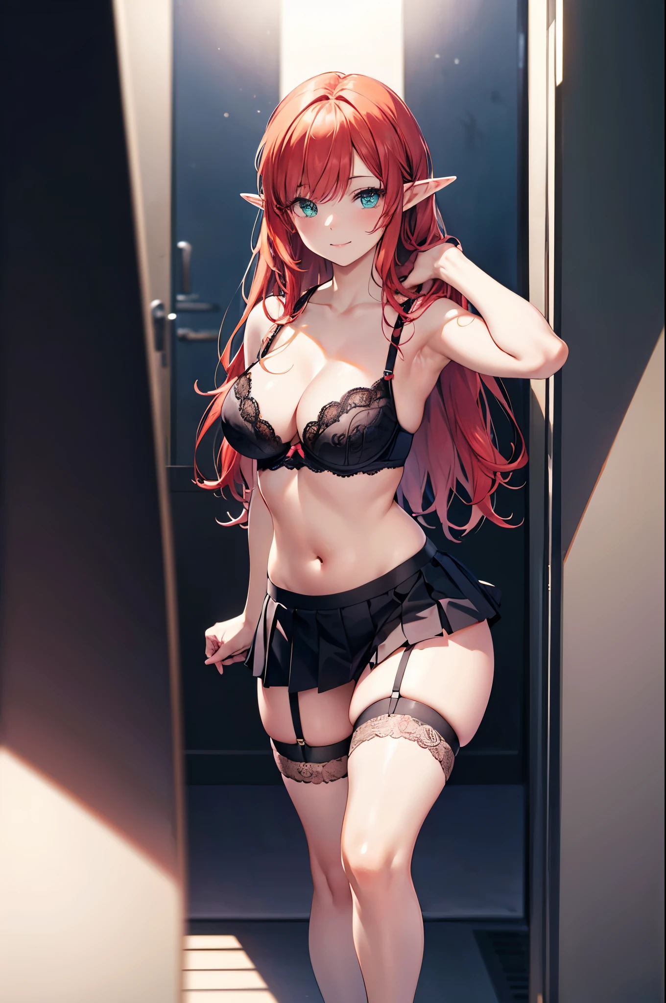 realistic image, coherent image, detailed image, 1 beautiful elf. She has long hair, red hair. Her eyes are green, long eyelashes. Her face is oval and delicate, smiling. She is wearing a lace bra, pleated mini skirt with garters. She has a curvy body, medium breasts, thick thighs. sexy pose. with arms crossed. view of her full body. White background, uniform background. natural lighting, volumetric lighting,