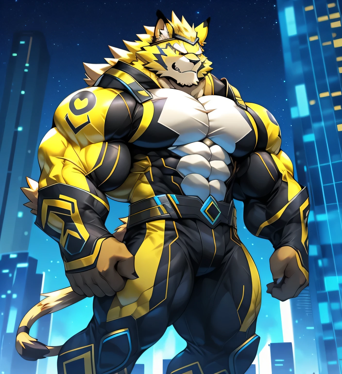 fondo de la ciudad, rascacielos, ciudad futurista, Noche, estrellas, Noche lights, Leomon Gigachad, super hero, hero, mono, massive muscles, enormes pectorales, abdominales cincelados, huge pectorales, Exaggeratedly large muscles. A furry hero whose presence inspires trust and respect. (((His hero costume is black and yellow..)))